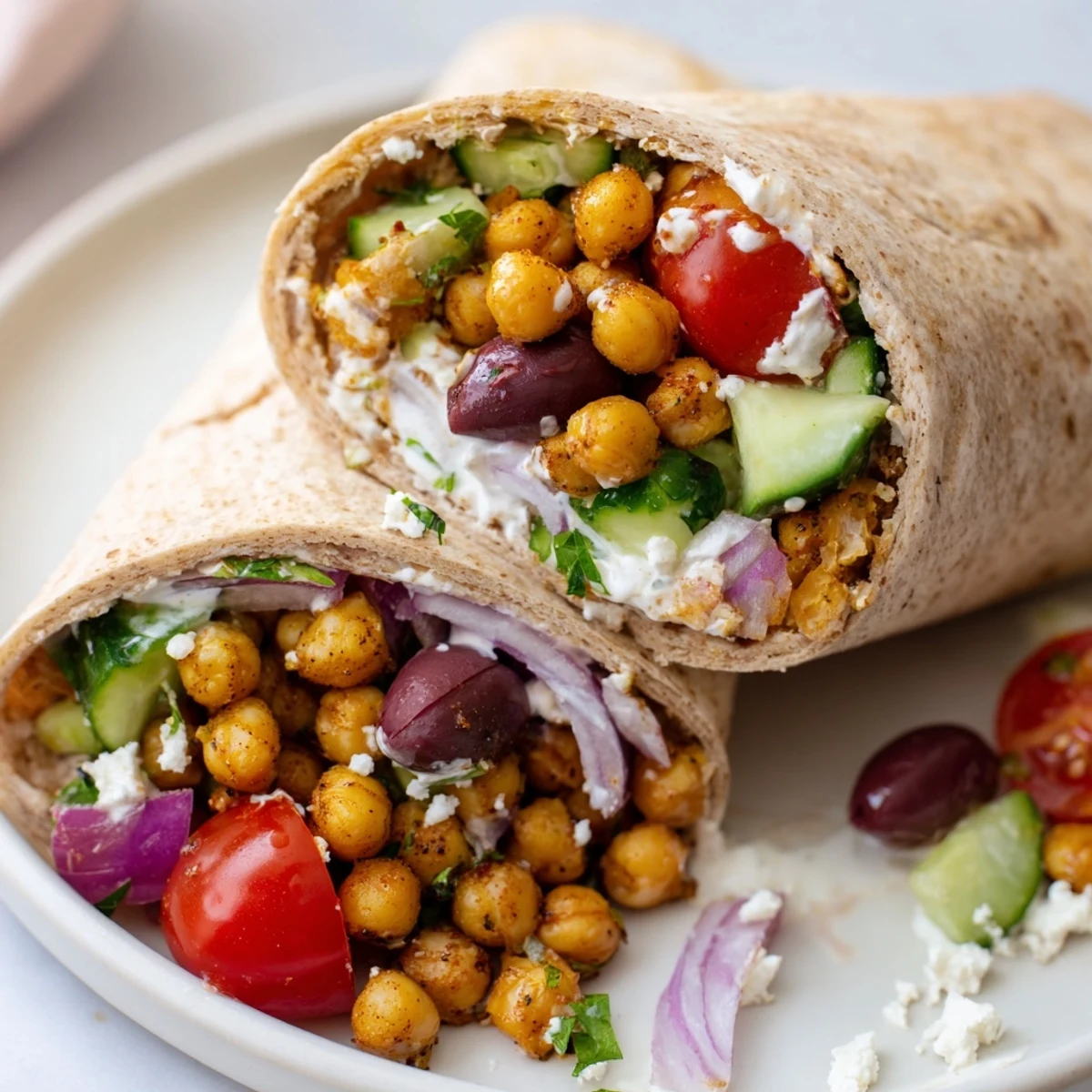 Golden, spiced chickpeas spilling out of a flavorful Mediterranean Chickpea Wrap, ready to serve for lunch.