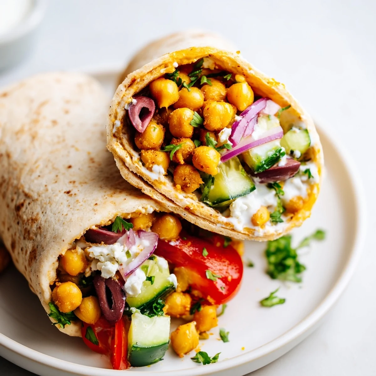 Close-up shot shows a freshly made Mediterranean Chickpea Wrap, wrapped tightly for easy handling.