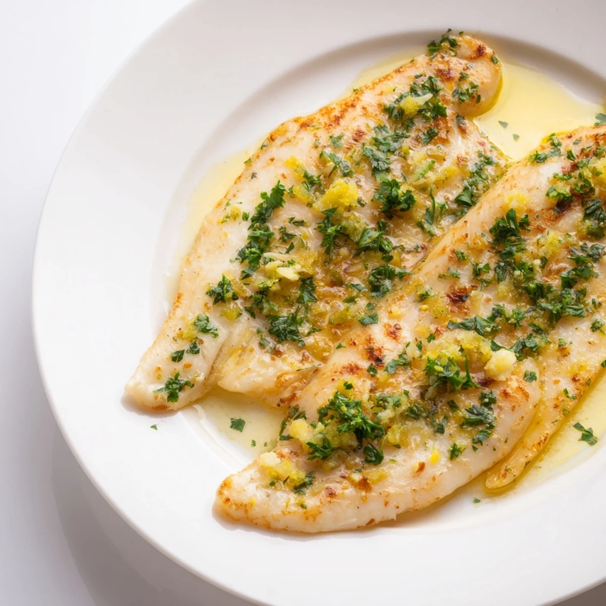 Baked Tilapia with Garlic Butter: Flaky, golden-brown fish served with lemon wedges and fresh parsley.