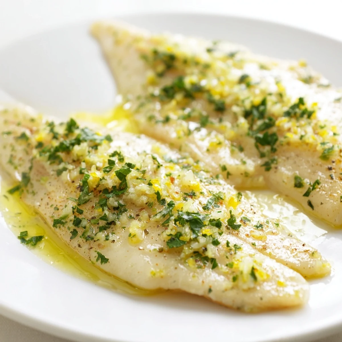 A delicious close-up of baked tilapia, glistening and coated in savory garlic butter sauce.