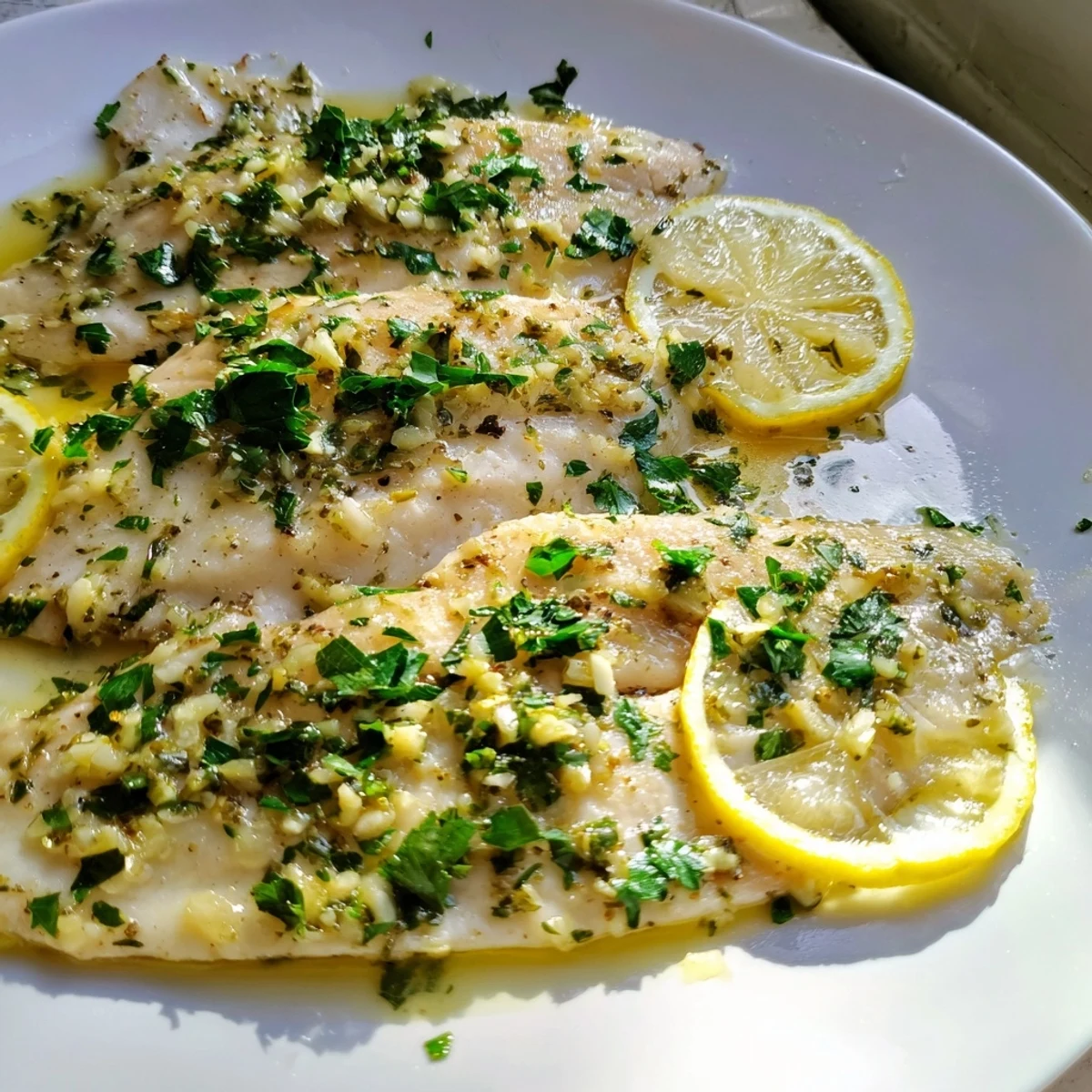 Flavorful baked tilapia fillets, beautifully presented, inviting with the aroma of garlic and butter.