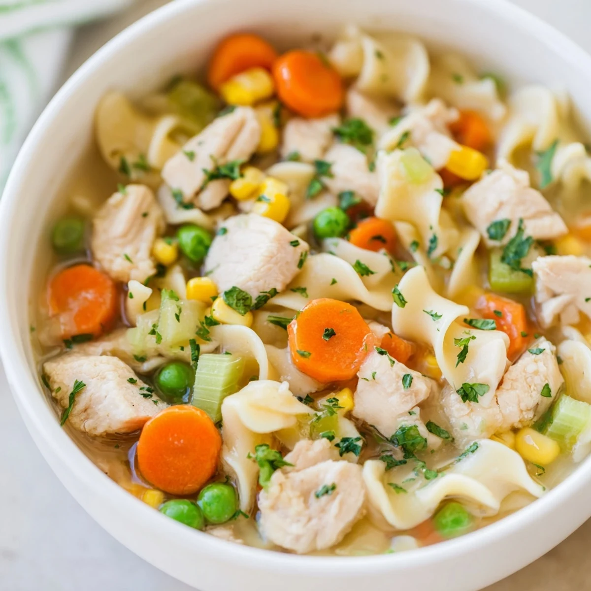 Warm, inviting image of Chicken Vegetable Soup with Noodles, ready to be served and enjoyed.