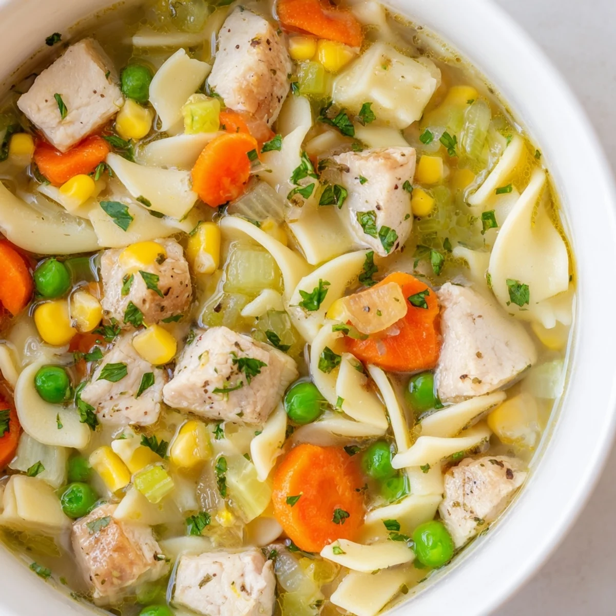 Close-up of hearty Chicken Vegetable Soup with Noodles, highlighting the flavorful broth and soft noodles.