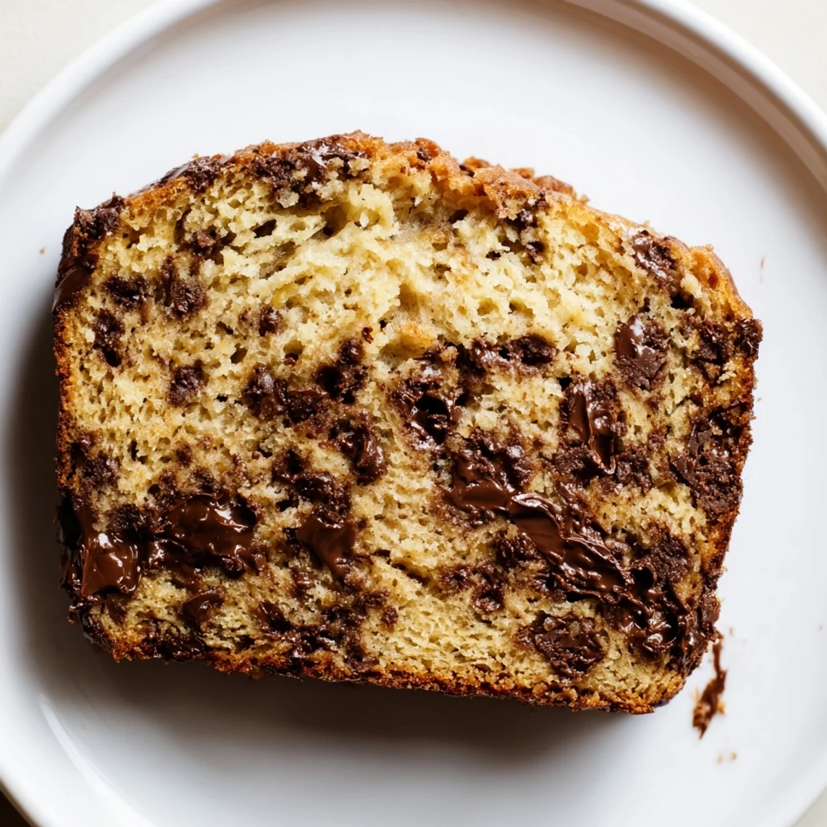 Warm, golden chocolate chip banana bread, a comforting slice with melty chocolate.