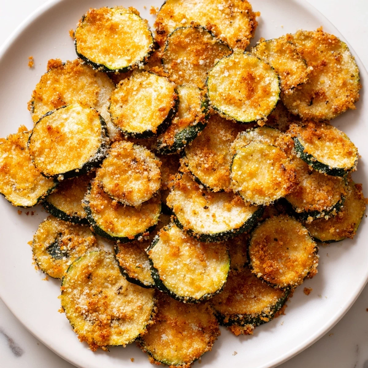 Close-up of freshly made air fryer zucchini chips, smelling of garlic and herbs, ready to serve.