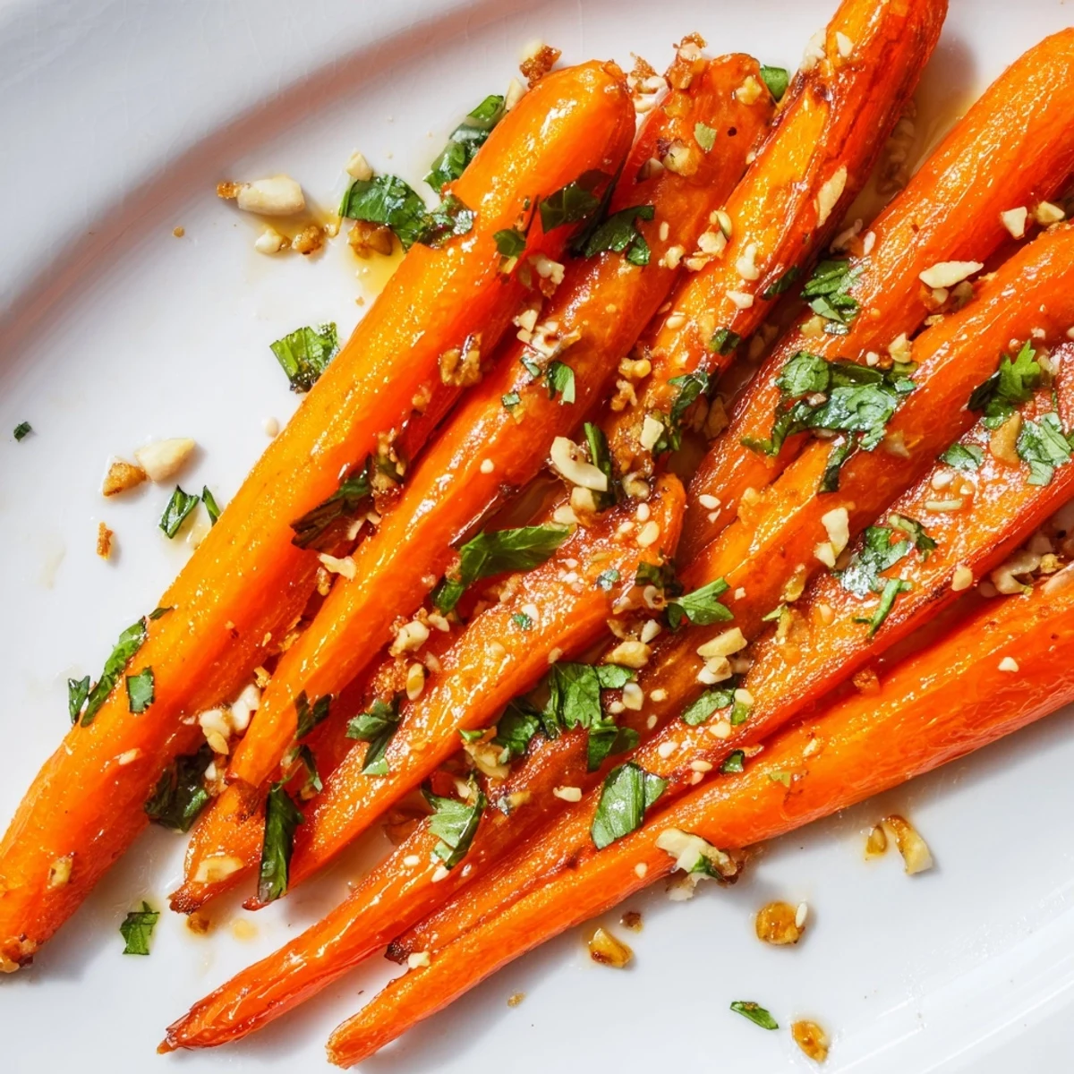 Golden brown roasted carrots with ginger glistening with honey, a delicious side.