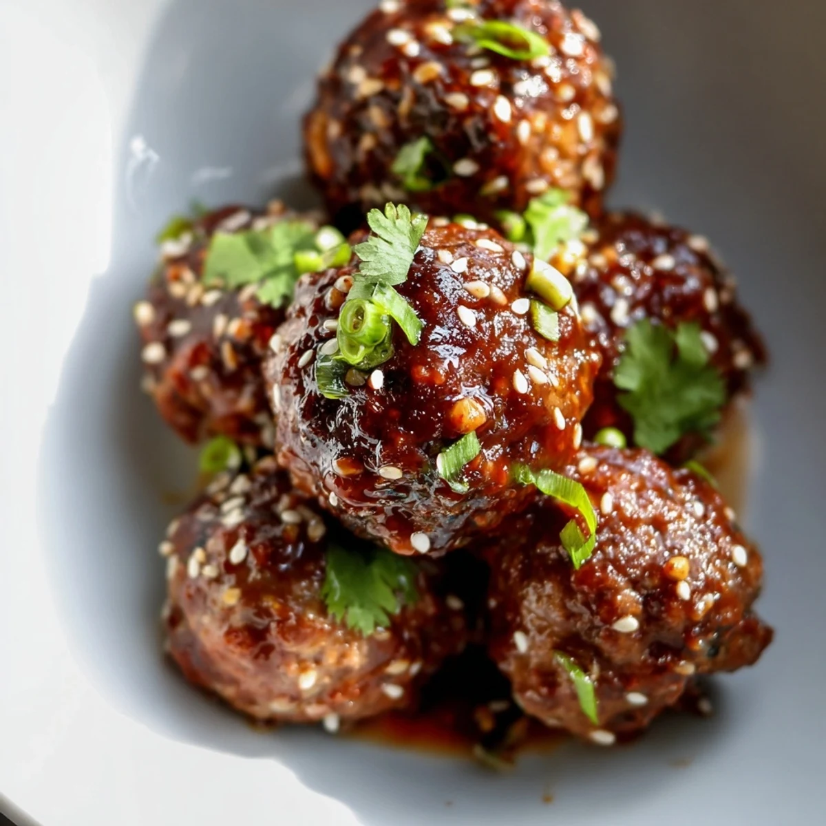 Golden-brown Spicy Sriracha Beef Meatballs with Sesame Seeds glisten with a glossy, fiery glaze on a rustic wooden platter.