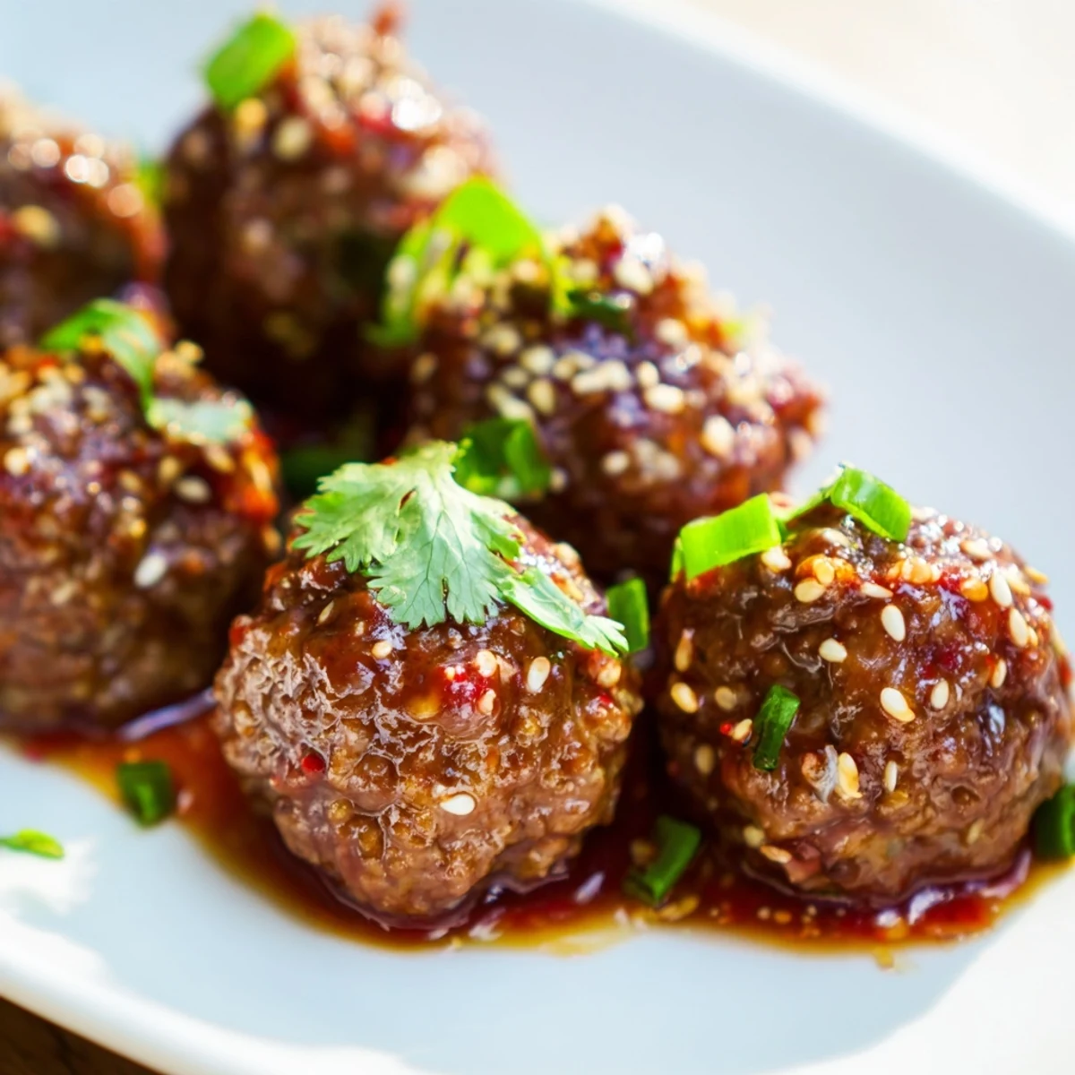 A close-up shows Spicy Sriracha Beef Meatballs with Sesame Seeds coated in sticky sauce, garnished with fresh green onions.