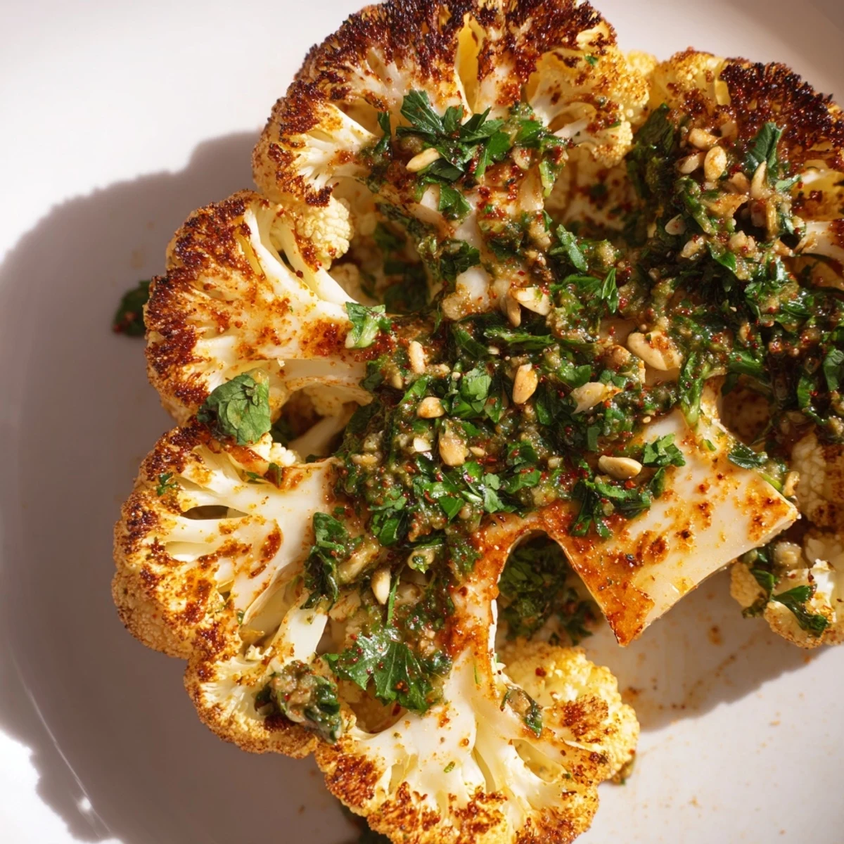 Golden Roasted Cauliflower Steaks topped with a bright, herby chimichurri sauce on a rustic plate.