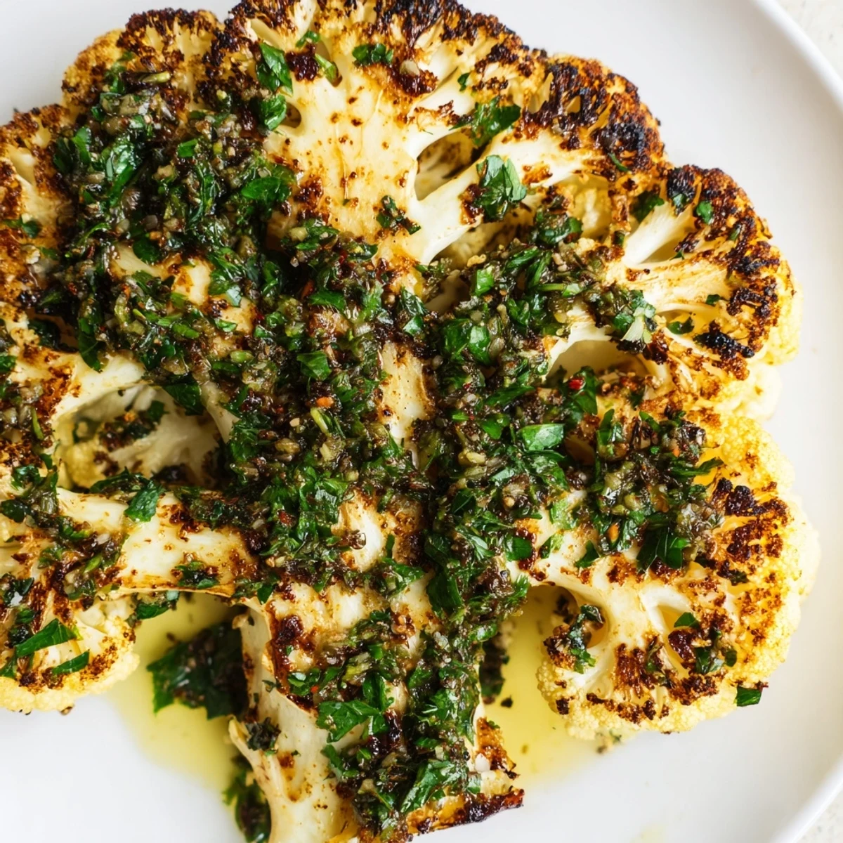 Thick-cut cauliflower steaks roasted to perfection, drizzled with vibrant chimichurri for a plant-based main dish.