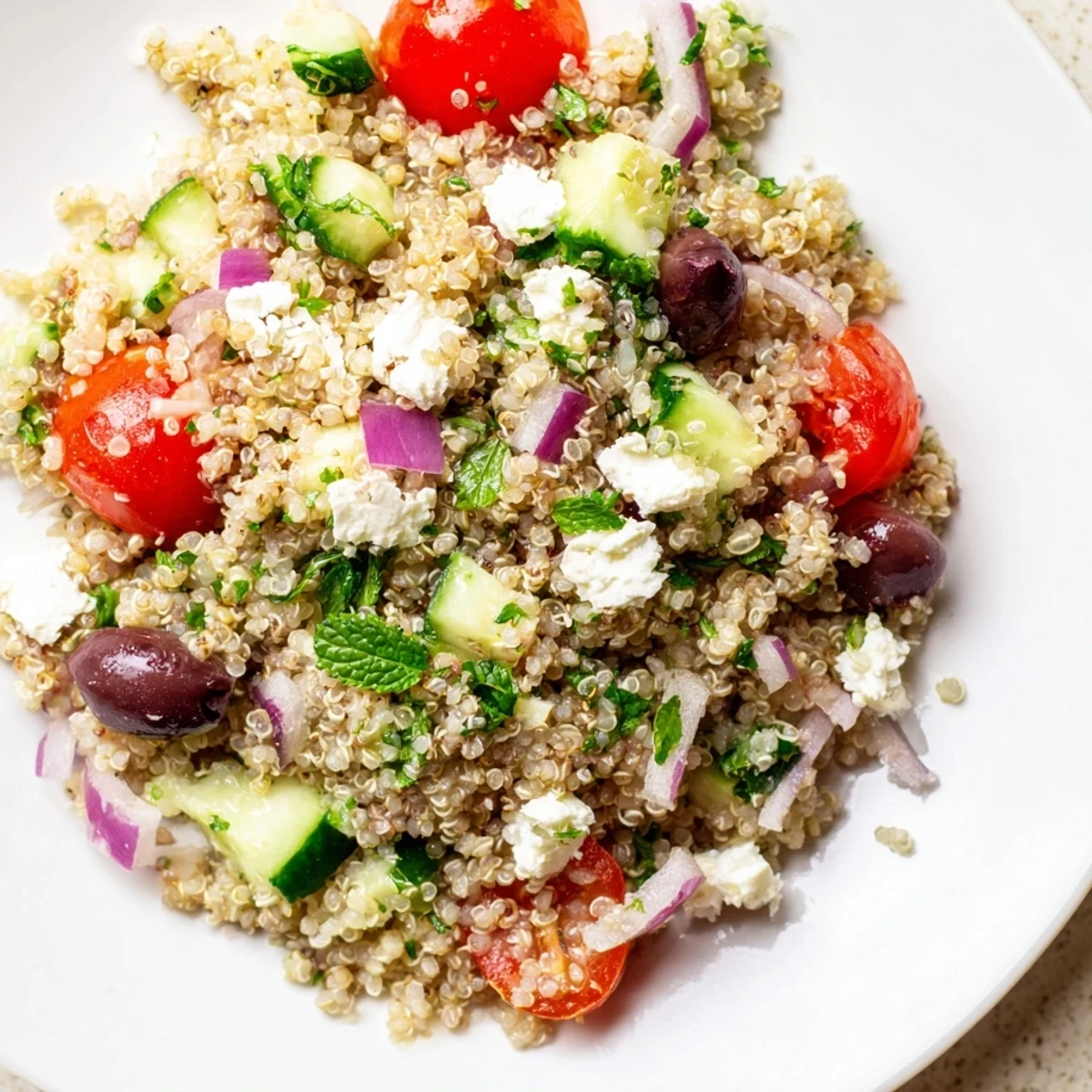 A vibrant Mediterranean Quinoa Salad with crisp cucumber, red onion, and Kalamata olives on a rustic wooden table.