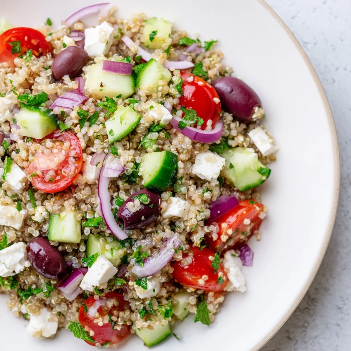 Freshly cooked Mediterranean Quinoa Salad with cucumber, cherry tomatoes, and crumbled feta cheese in a white bowl.