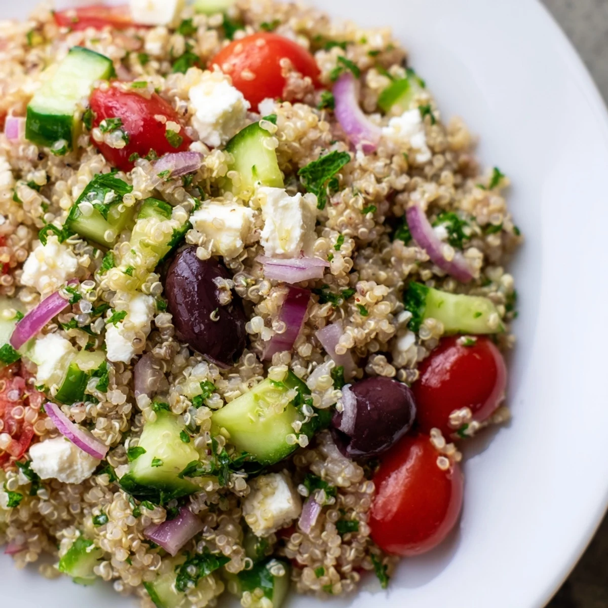 Ready-to-eat Mediterranean Quinoa Salad garnished with fresh mint and parsley, drizzled with zesty lemon-herb dressing.