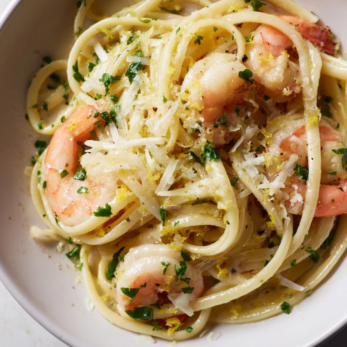 Close-up of Lemon Garlic Butter Shrimp Scampi over linguine, with shrimp coated in a zesty, creamy sauce.