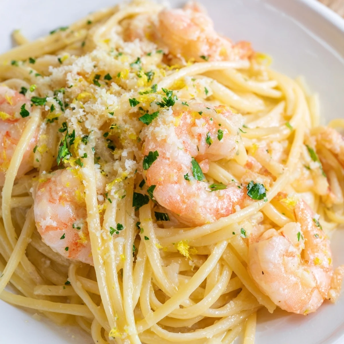 Succulent sautéed shrimp and silky linguine tossed in a vibrant lemon garlic butter sauce, garnished with fresh parsley.