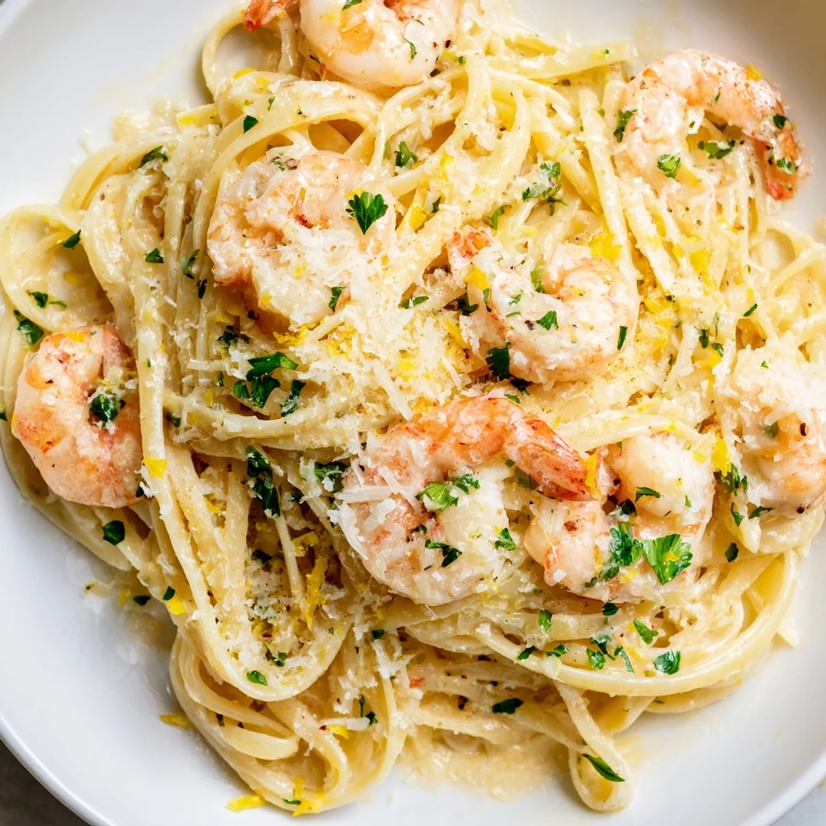 A serving of hot Lemon Garlic Butter Shrimp Scampi over linguine, topped with grated Parmesan and lemon wedges.
