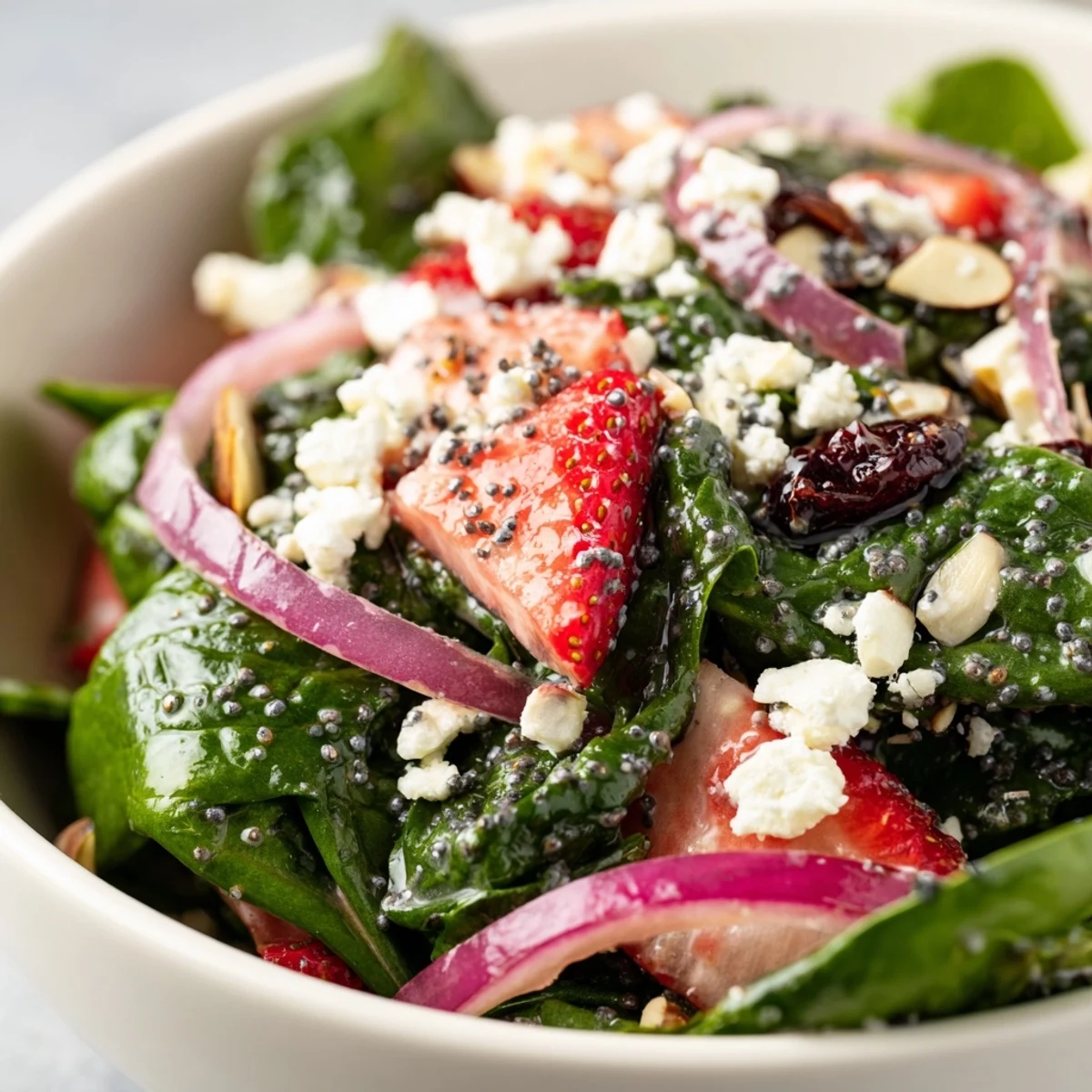 Fresh baby spinach and sliced strawberries for a Strawberry Spinach Salad with Poppy Seed Dressing topped with crumbled feta and toasted almonds.