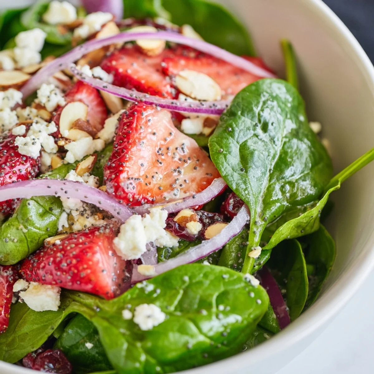 A large serving bowl of Strawberry Spinach Salad with Poppy Seed Dressing featuring sliced red onion and dried cranberries tossed for a spring gathering.