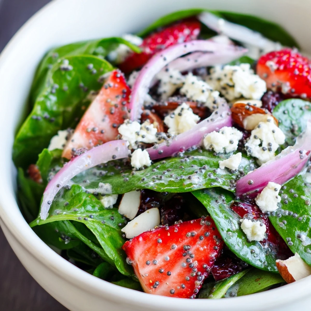 Close-up of fresh ingredients for Strawberry Spinach Salad with Poppy Seed Dressing showing glistening homemade dressing on tender greens and ripe berries.