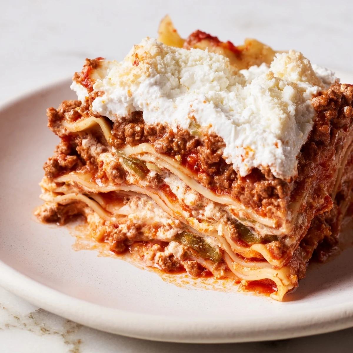 Classic Beef Lasagna served hot from the oven, featuring rich meat sauce, ricotta layers, and melted cheese on a rustic wooden table.