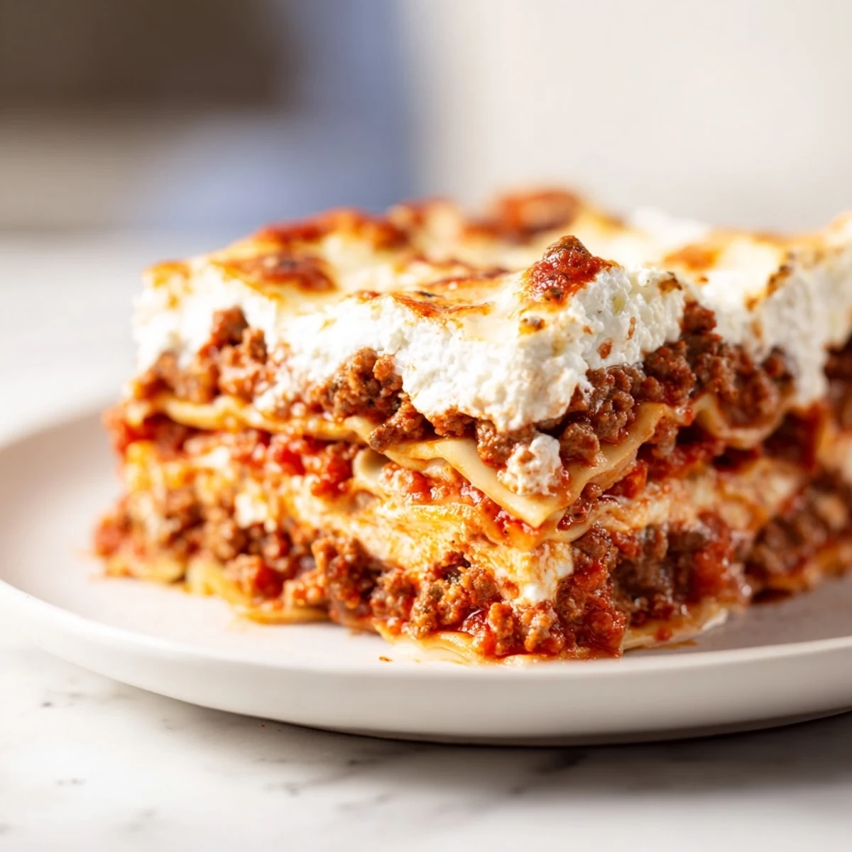 Golden-brown Classic Beef Lasagna with homemade meat sauce, creamy béchamel, and bubbly mozzarella cheese, perfect for a comforting family dinner.