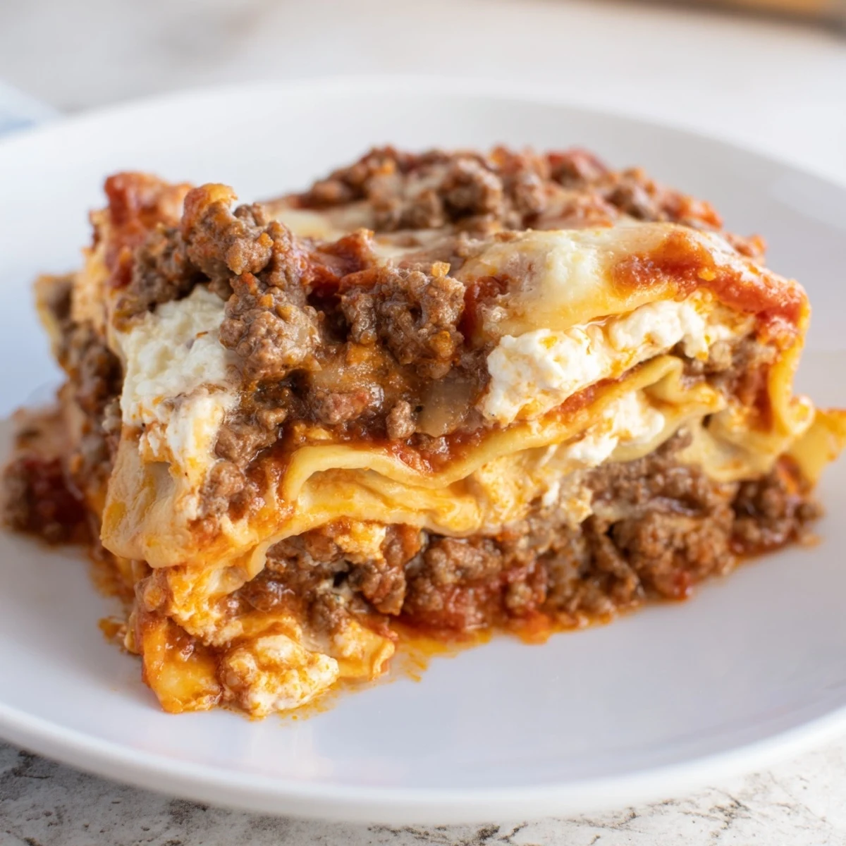 Sliced Classic Beef Lasagna revealing layers of tender noodles, homemade meat sauce, and golden cheese topping, ideal for a hearty Italian dinner.