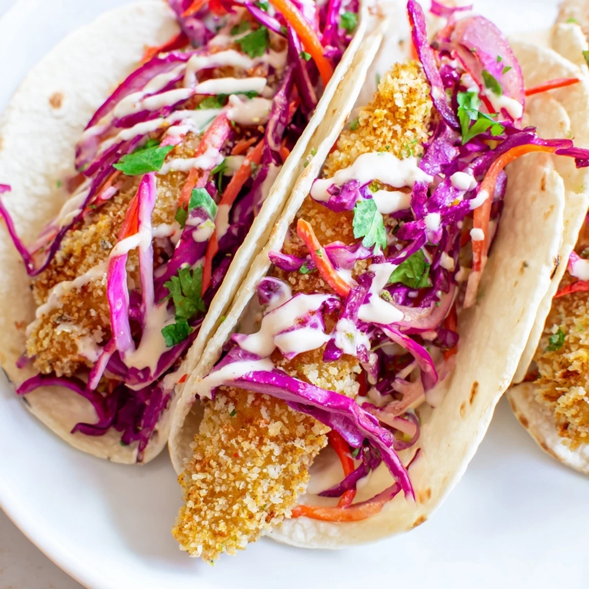 Crispy fish tacos with red cabbage slaw feature golden fried fillets in warm tortillas topped with vibrant purple slaw and a drizzle of zesty crema.