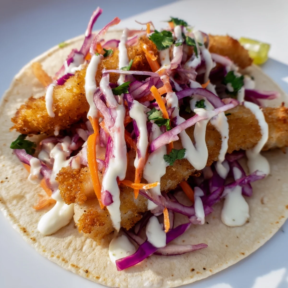 Golden-brown fried fish tucked into warm corn tortillas, layered with crunchy red cabbage slaw and finished with creamy white sauce and fresh cilantro.