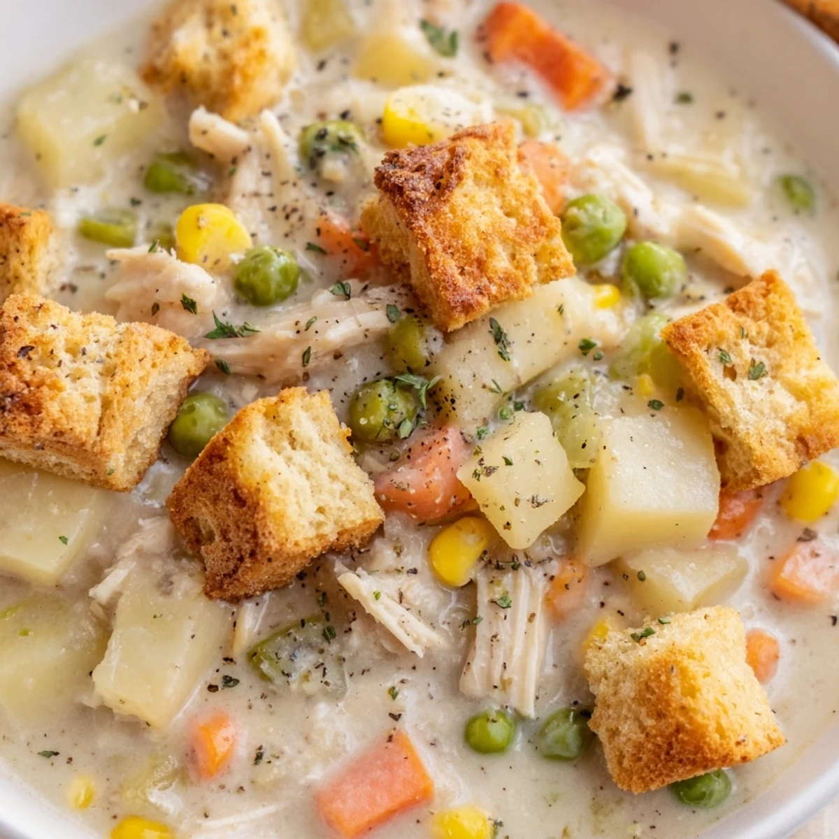 Creamy Chicken Pot Pie Soup served in a rustic bowl, topped with golden biscuit croutons and fresh herbs.