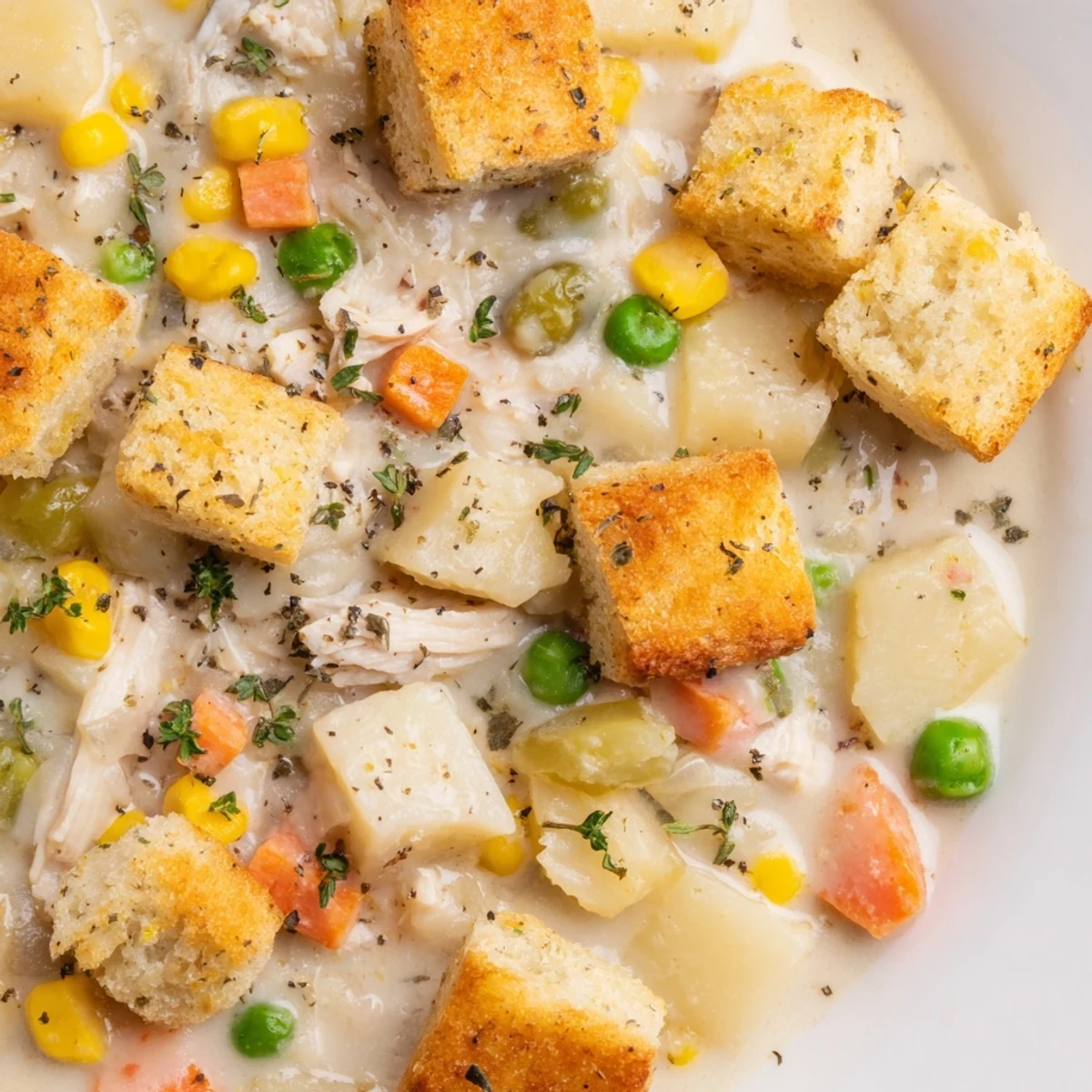 Chicken Pot Pie Soup with biscuit croutons steams invitingly alongside a ladle and crusty artisan bread.