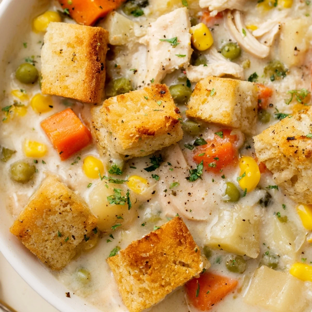 Savory Chicken Pot Pie Soup garnished with bright green parsley and buttery biscuit croutons for a comforting meal.