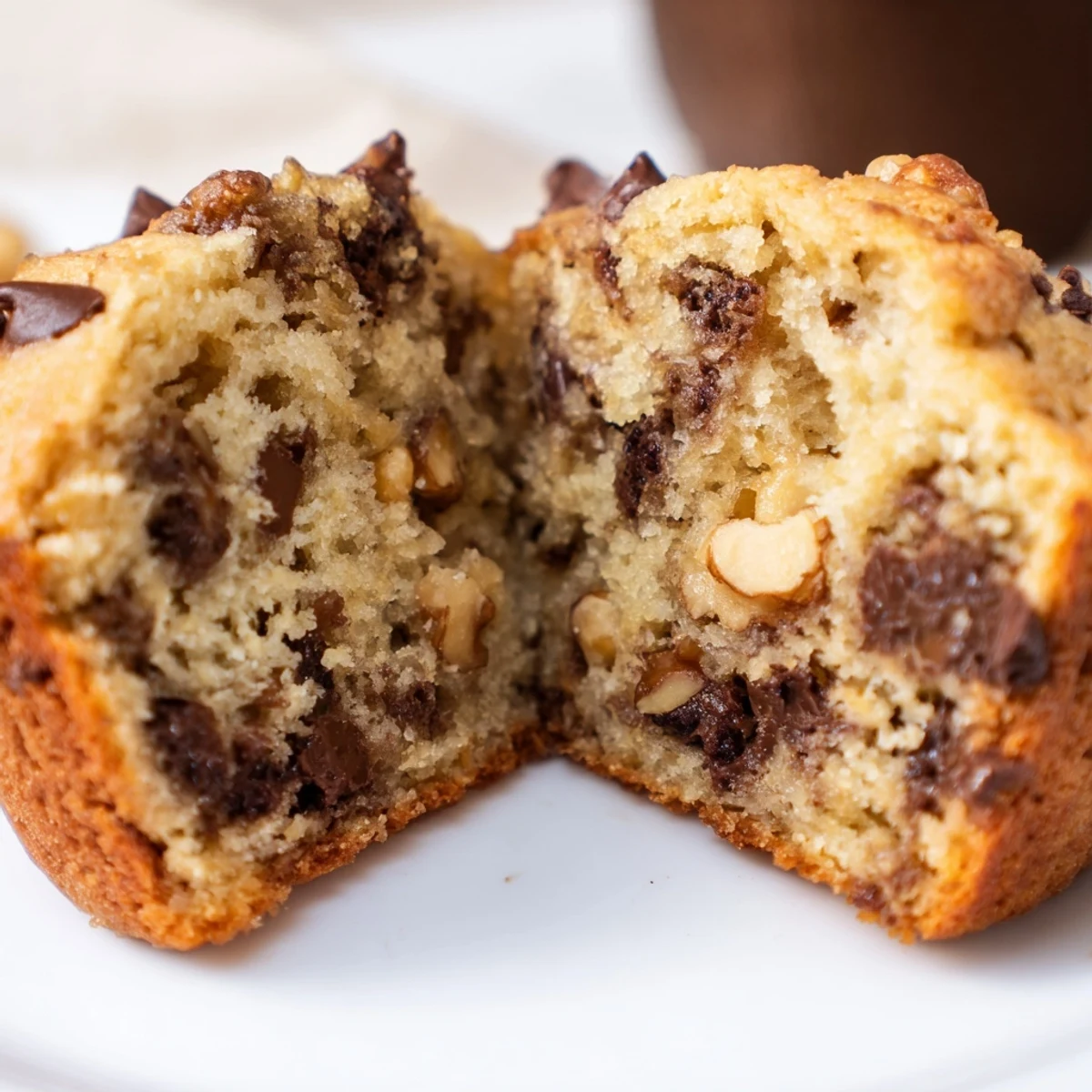Freshly baked Chocolate Chip Banana Bread Muffins with Walnuts on a cooling rack with melty chocolate chips.