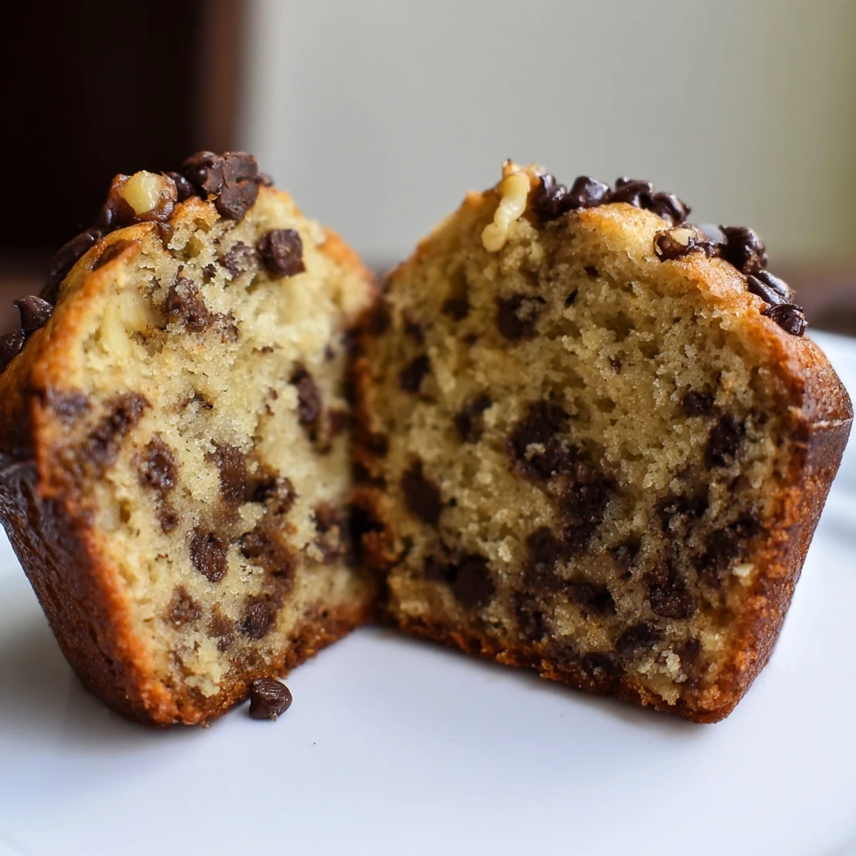 Golden-brown Chocolate Chip Banana Bread Muffins with Walnuts served warm in a rustic muffin tin.