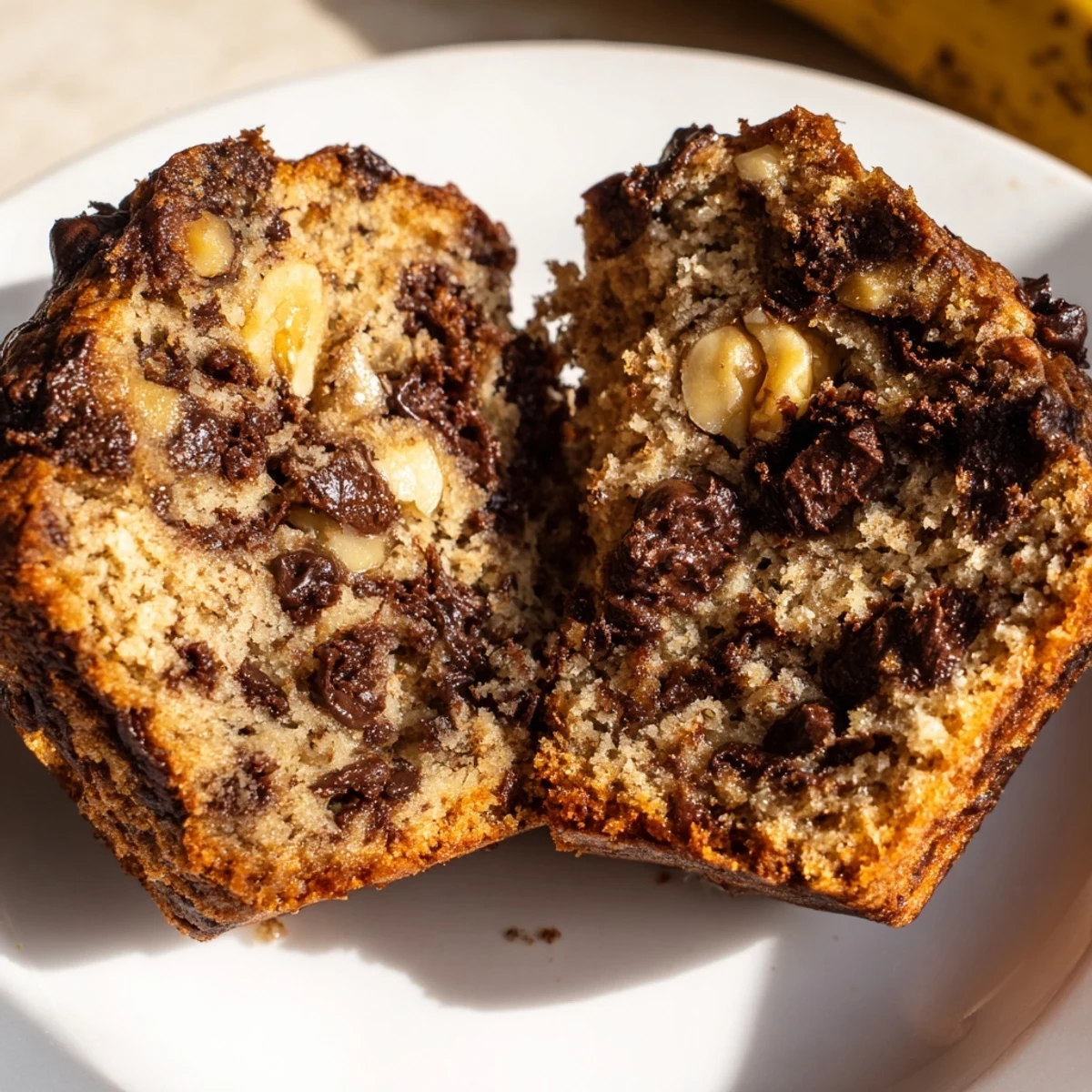 A basket of Chocolate Chip Banana Bread Muffins with Walnuts and a glass of milk for breakfast.