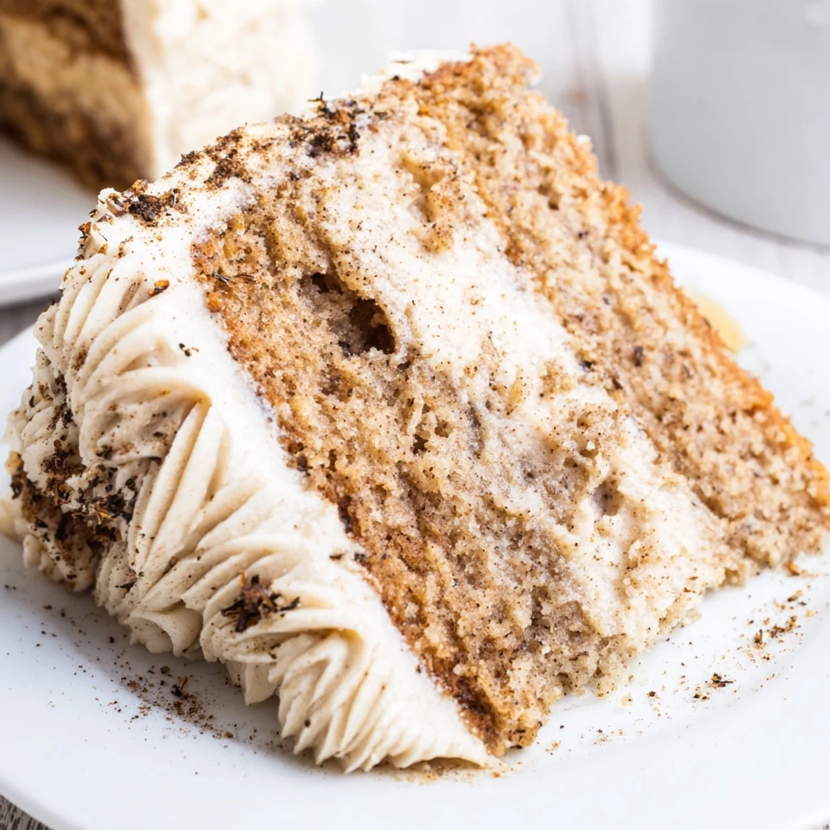 Freshly frosted Spiced Chai Latte Cake topped with cinnamon, served on a white plate with golden cake edges.