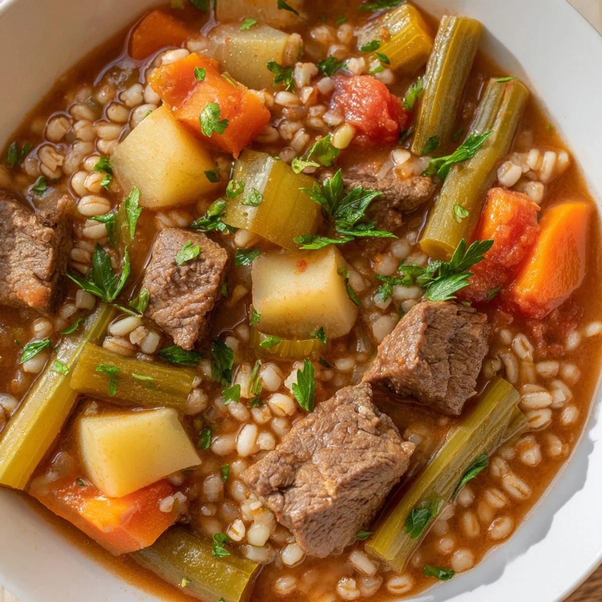 Close-up of Hearty Beef and Vegetable Barley Stew bubbling in a Dutch oven, featuring tender beef cubes, diced potatoes, and sliced carrots in a rich tomato broth.