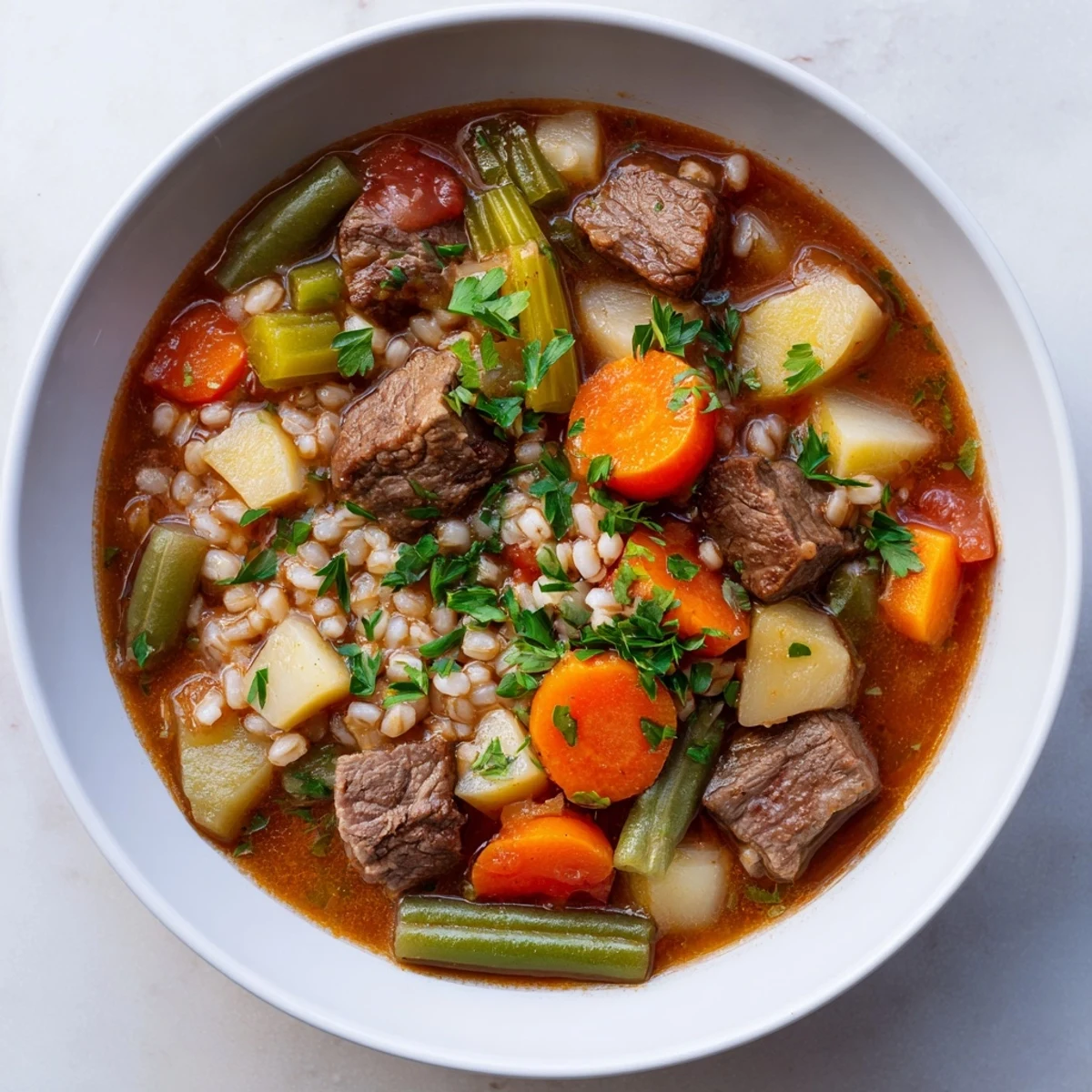 A bowl of Hearty Beef and Vegetable Barley Stew garnished with fresh parsley, served alongside a thick slice of crusty bread for dipping.