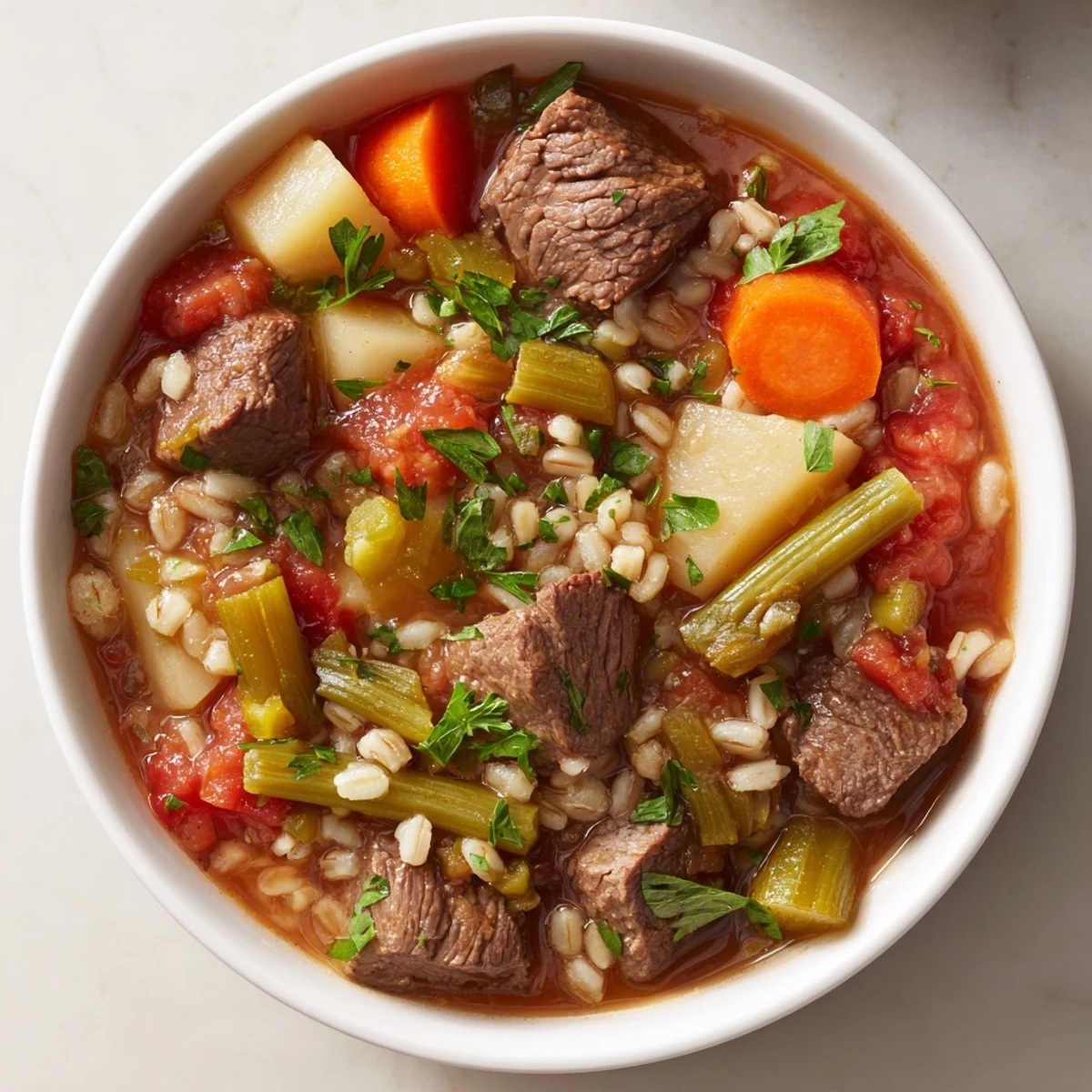 Homemade Hearty Beef and Vegetable Barley Stew simmering on a stovetop, filled with garden vegetables like green beans, celery, and onions.