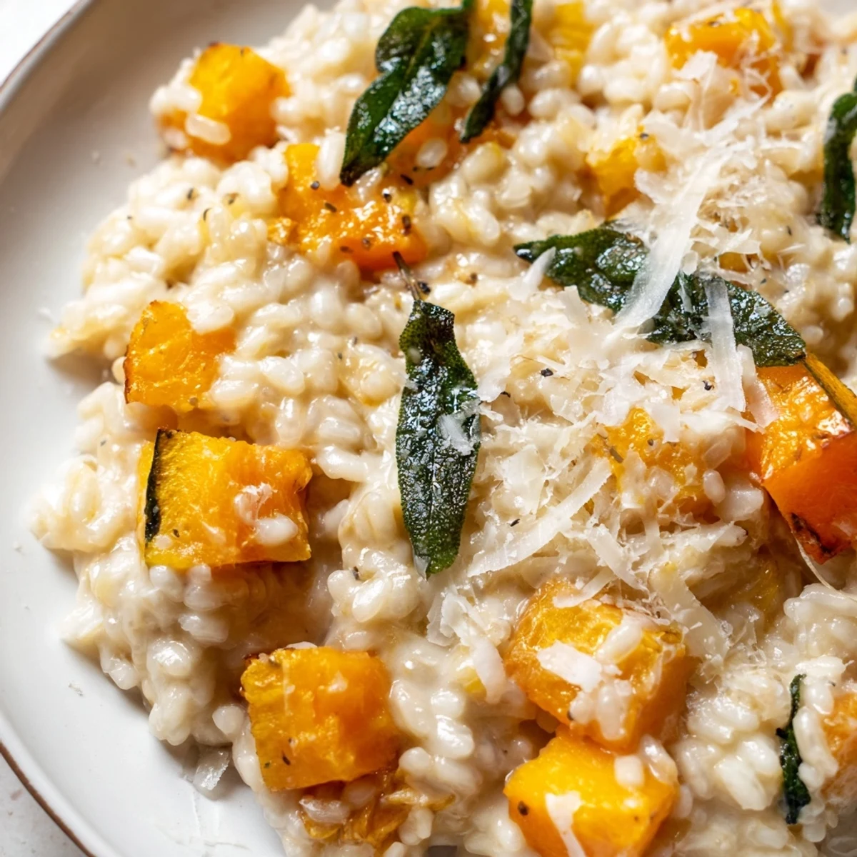Creamy Butternut Squash Risotto with Crispy Sage served warm on a plate, garnished with golden sage leaves and fresh parmesan.