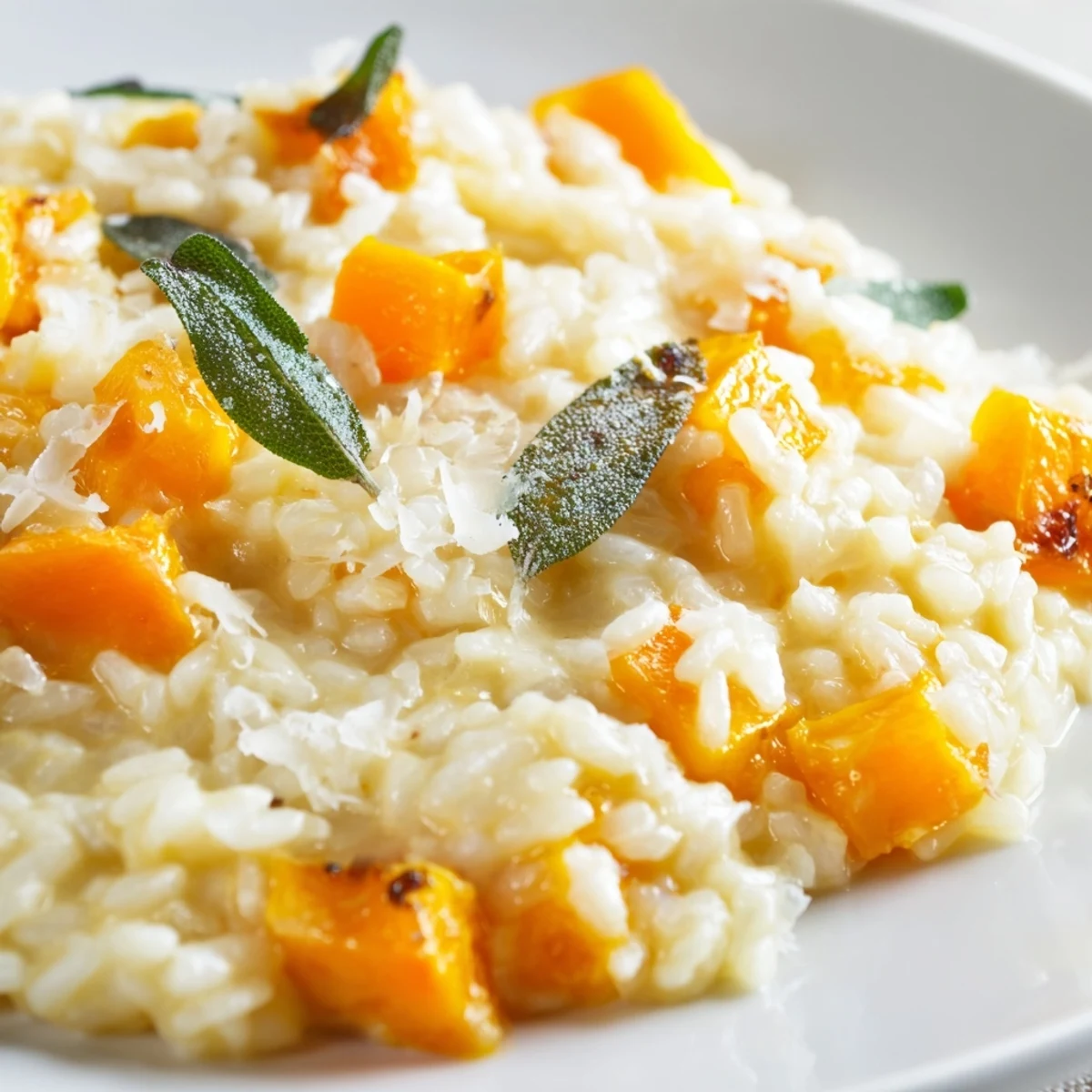 Close-up of golden-brown Butternut Squash Risotto with Crispy Sage in a rustic skillet, topped with crunchy sage leaves.