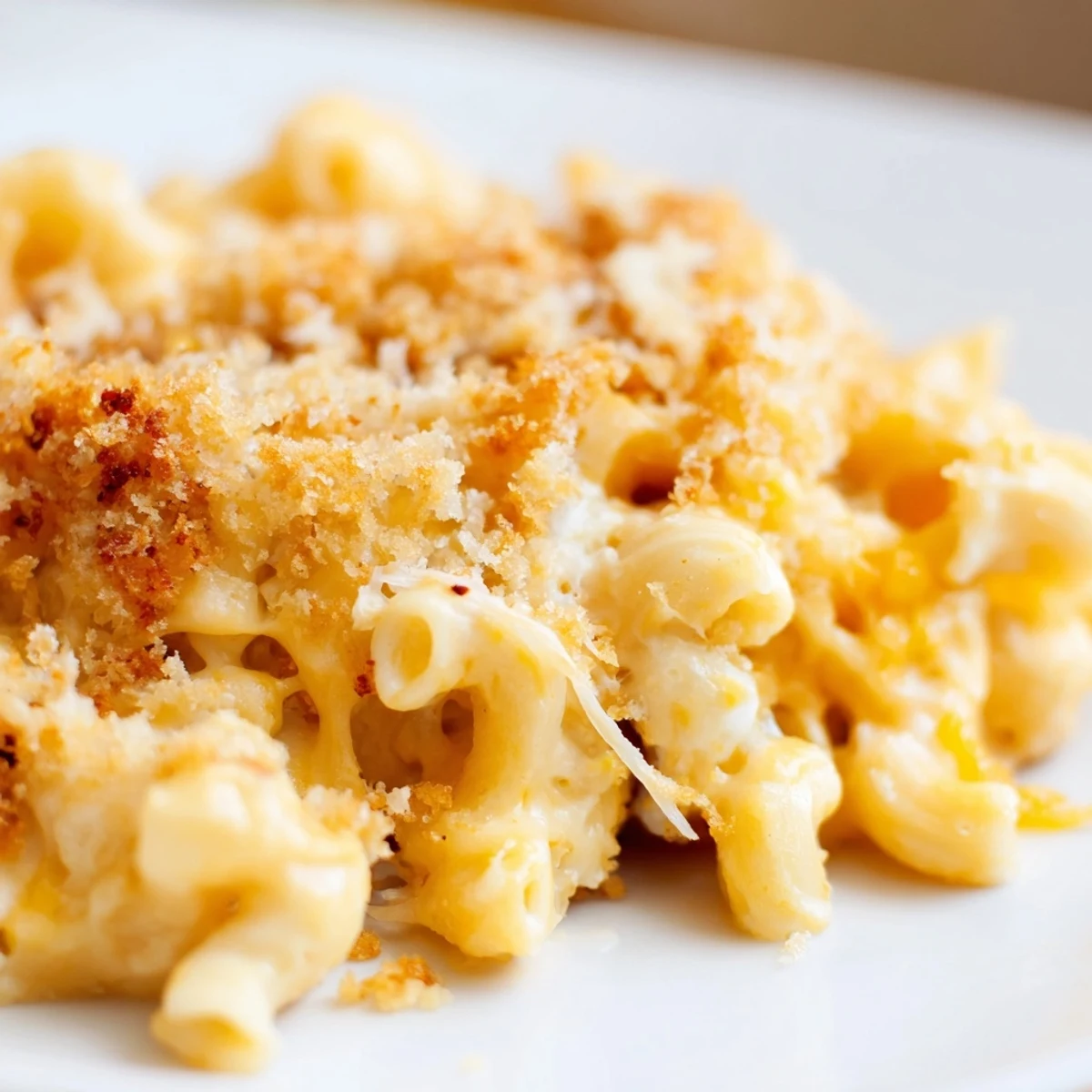 Freshly baked macaroni and cheese emerges from the oven with a golden brown breadcrumb topping.