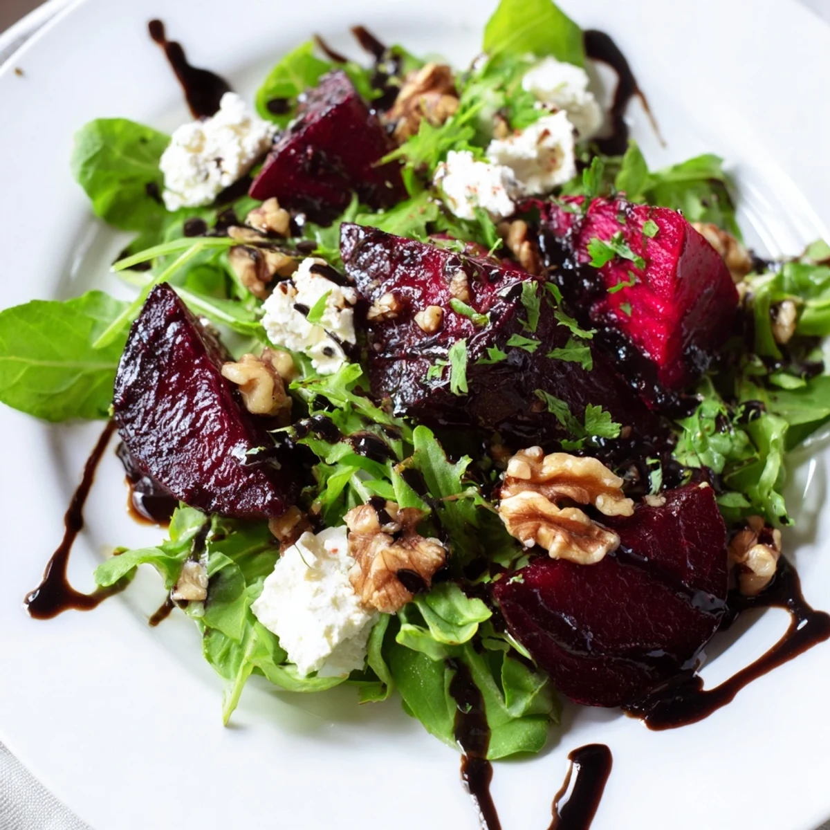 Roasted beet and feta salad arranged on mixed greens with toasted walnuts, drizzled with balsamic vinaigrette.