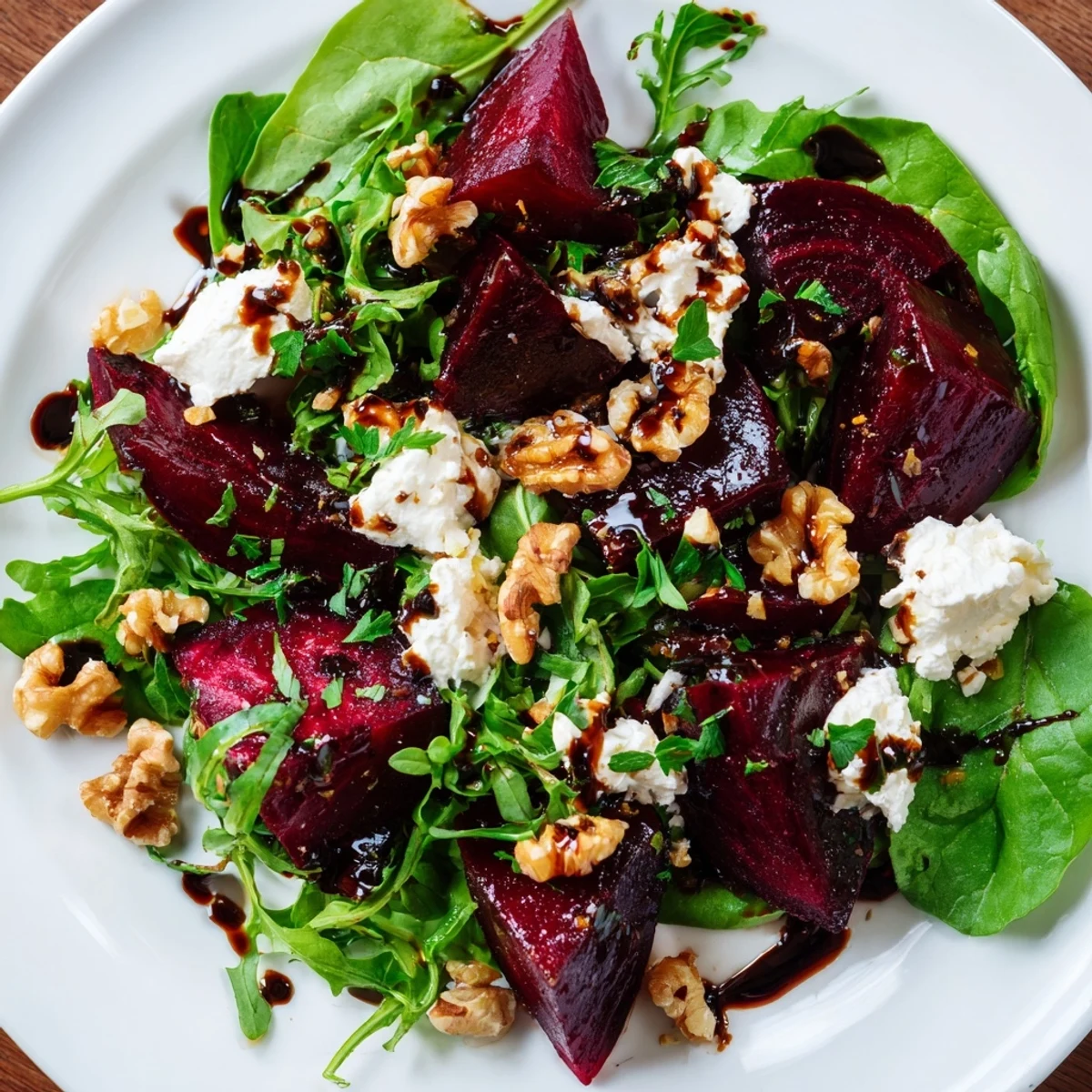 A vibrant roasted beet and feta salad topped with crunchy walnuts, drizzled with tangy balsamic vinaigrette.