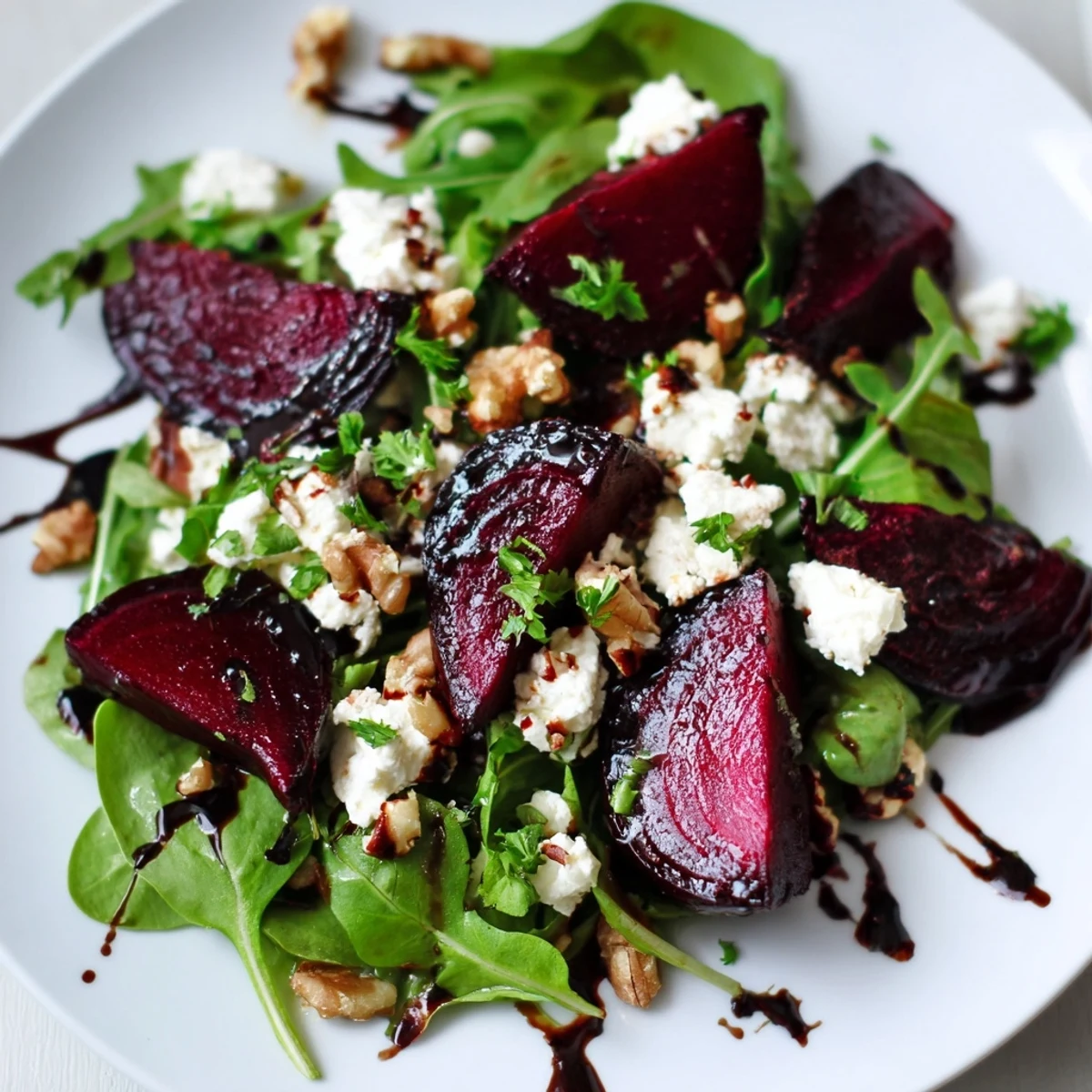 Close-up of a roasted beet and feta salad showing jewel-toned beets, creamy cheese, and fresh greens.