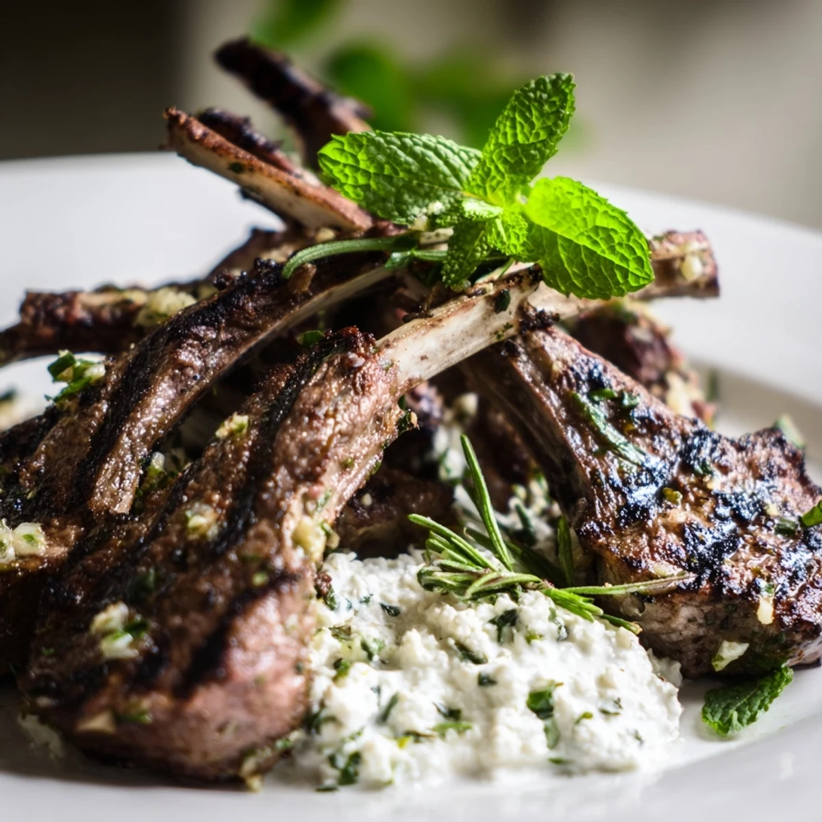 Perfectly cooked Grilled Lamb Cutlets with Mint Yogurt served with lemon wedges on a rustic wooden table.