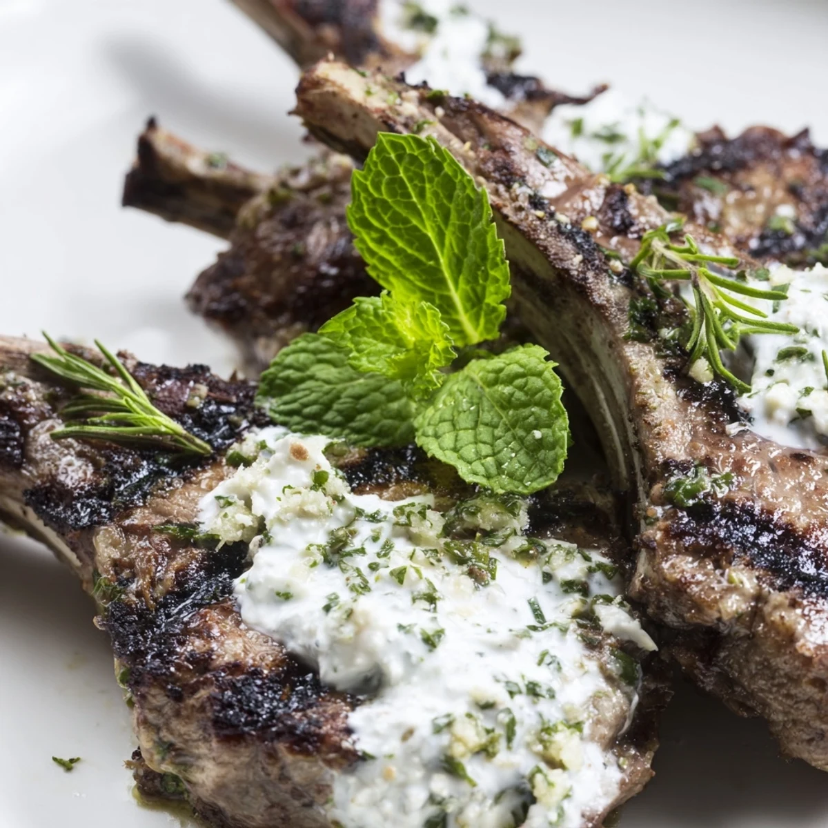 Juicy Mediterranean lamb cutlets topped with fresh herbs, ready to be dipped into the cool, green mint yogurt.