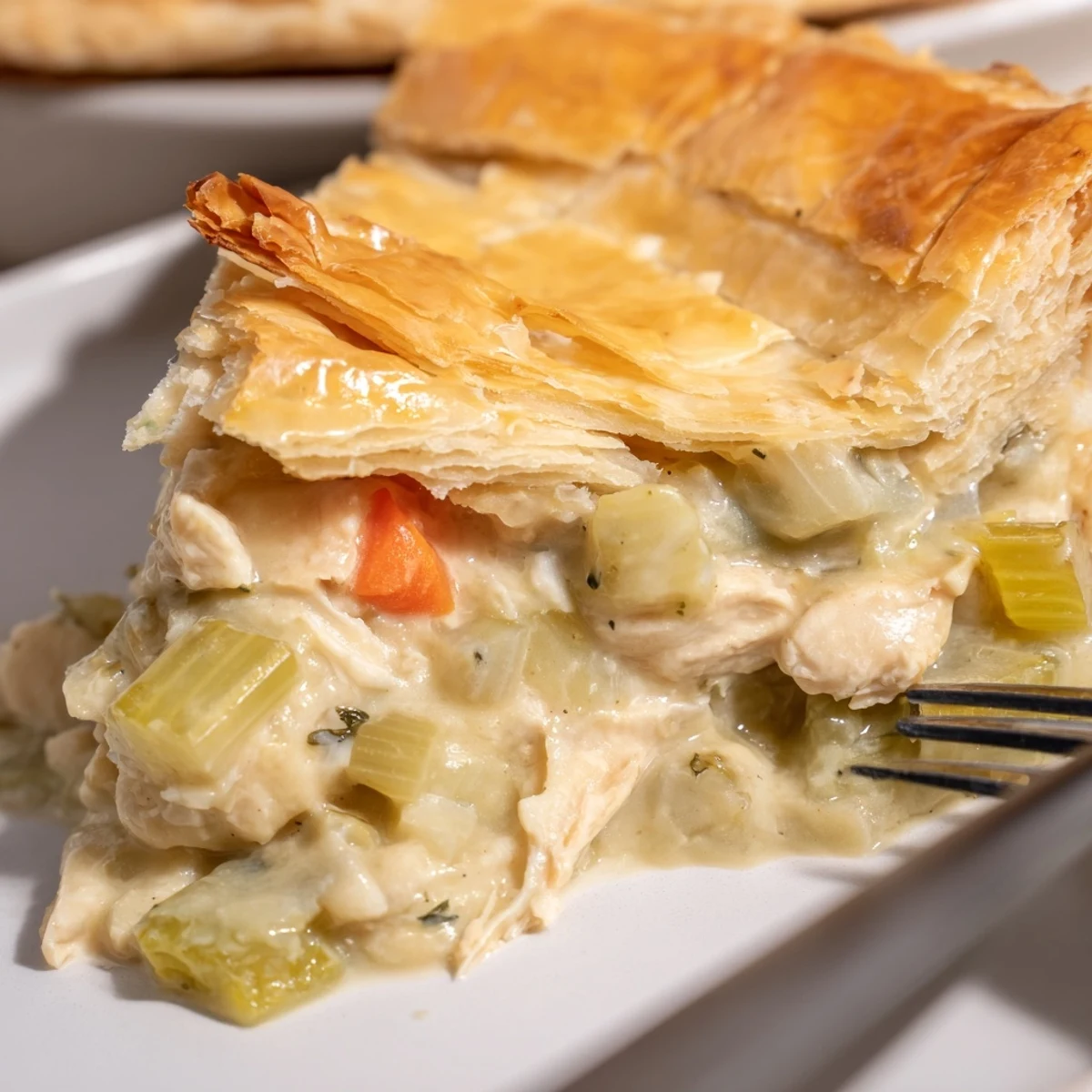 Freshly baked Savory Chicken and Leek Pie emerges golden brown from the oven with a flaky puff pastry crust.