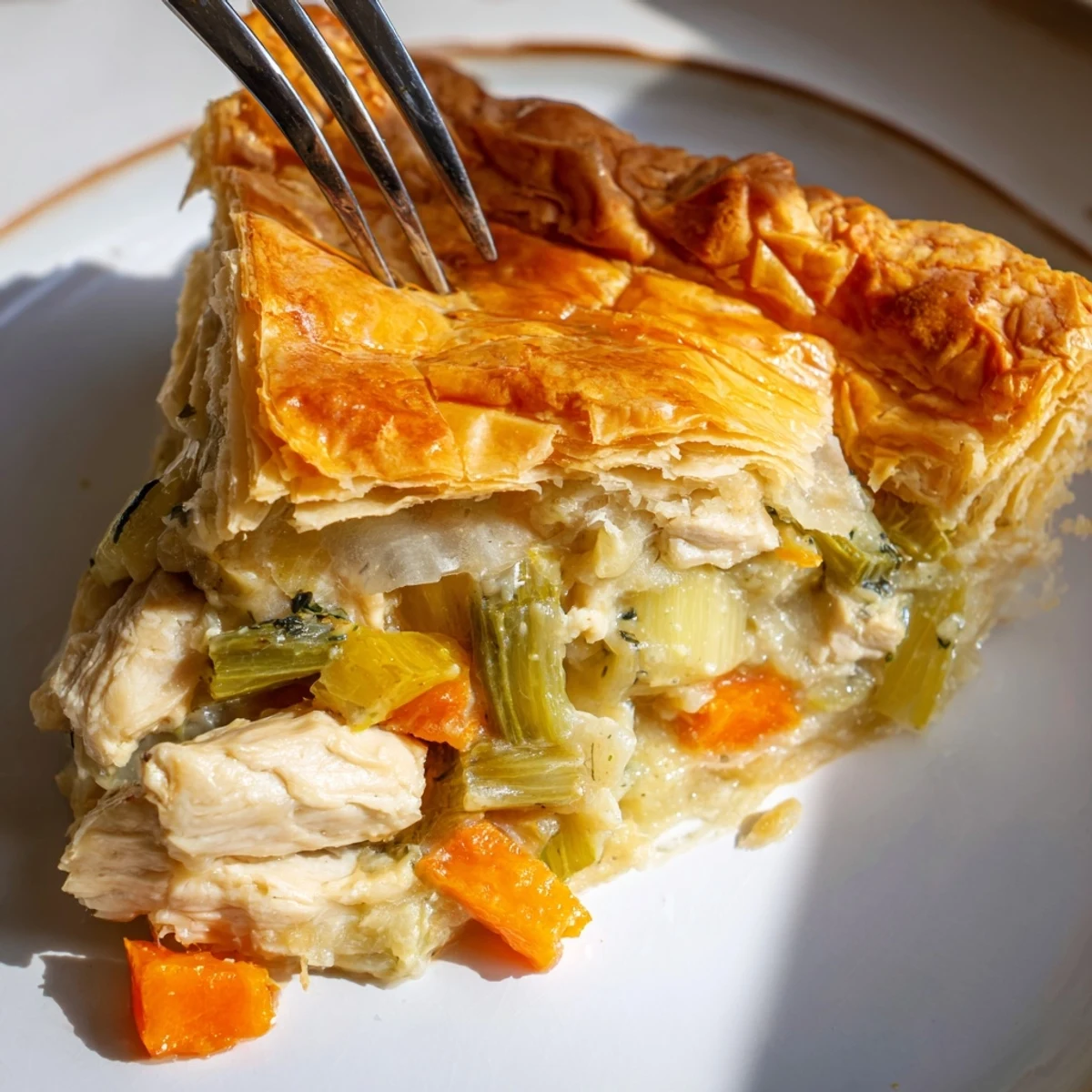 A slice of Savory Chicken and Leek Pie reveals creamy herb sauce, tender chicken, and soft leeks on a dinner plate.