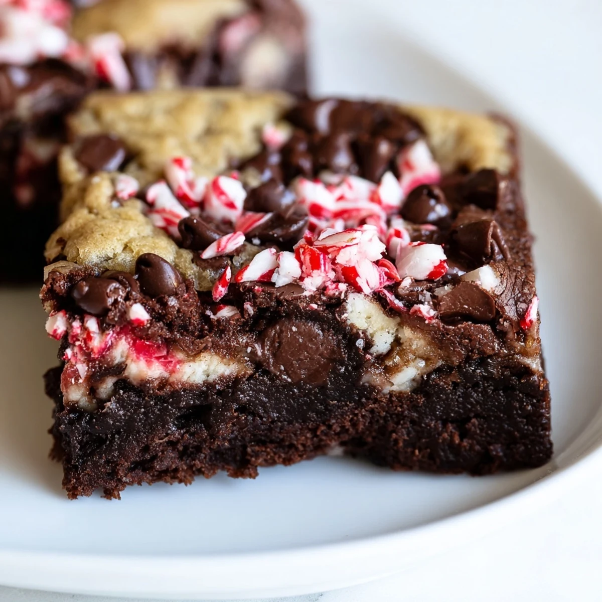 Golden-brown Peppermint Chocolate Chip Brookies with a fudgy brownie base and soft cookie top, garnished with crushed candy canes.