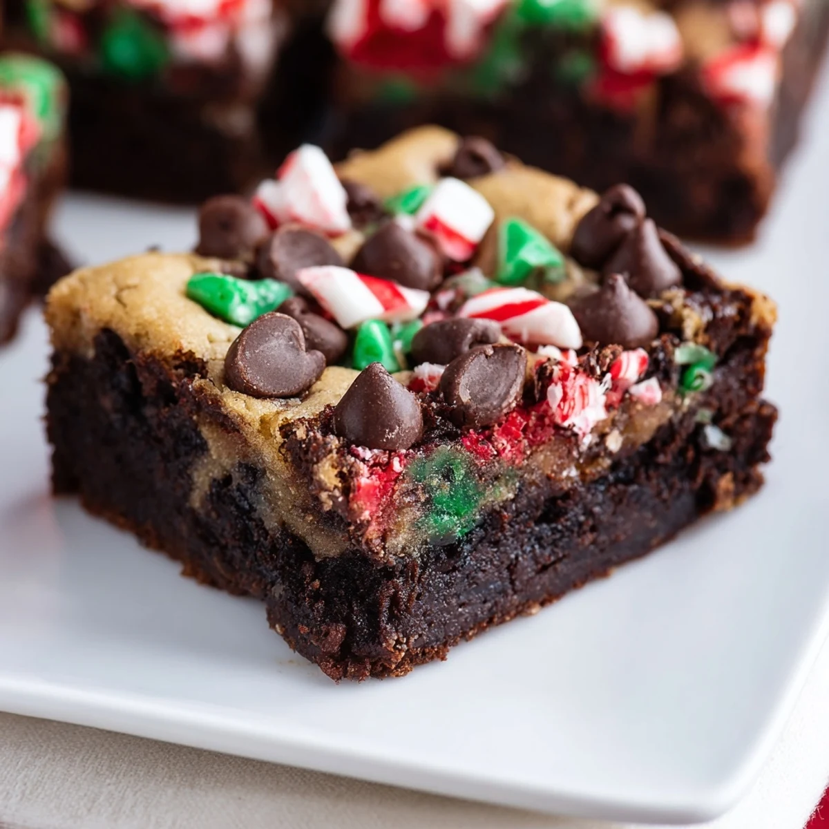 Stack of warm Peppermint Chocolate Chip Brookies showing minty swirls and melty chocolate chips, ready to serve with milk.